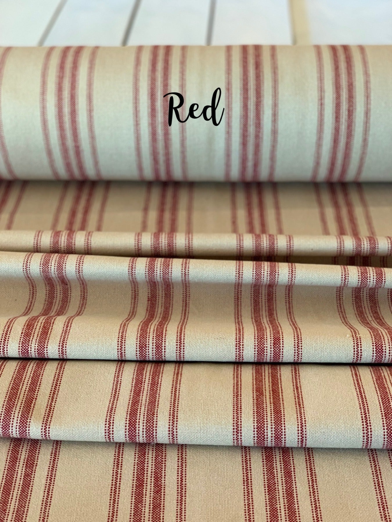 Our Exclusive 63" Red on Tan/Beige Multi-Stripe - Grain Sack Fabric