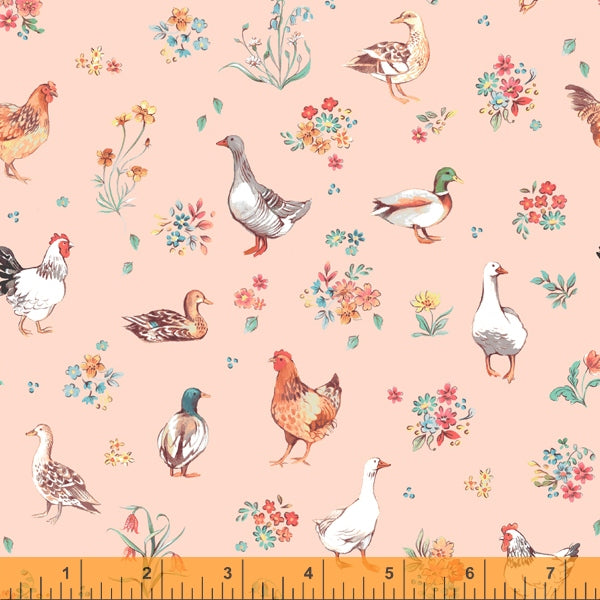 Farm Fowl, Farm Meadow by Clare Therese Gray Windham Fabrics - Peach 52795-8 Cotton Fabric