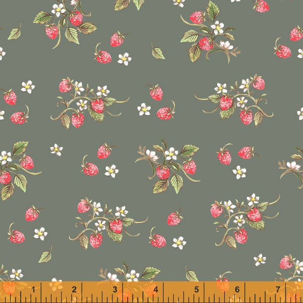 Strawberries Farm Meadow by Clare Therese Gray Windham Fabrics - Slate Green 52796-10 Cotton Fabric