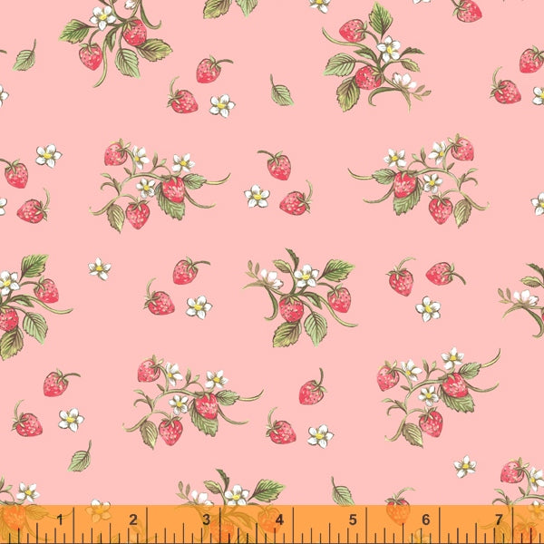 Strawberries Farm Meadow by Clare Therese Gray Windham Fabrics - Pink 52796-11 Cotton Fabric