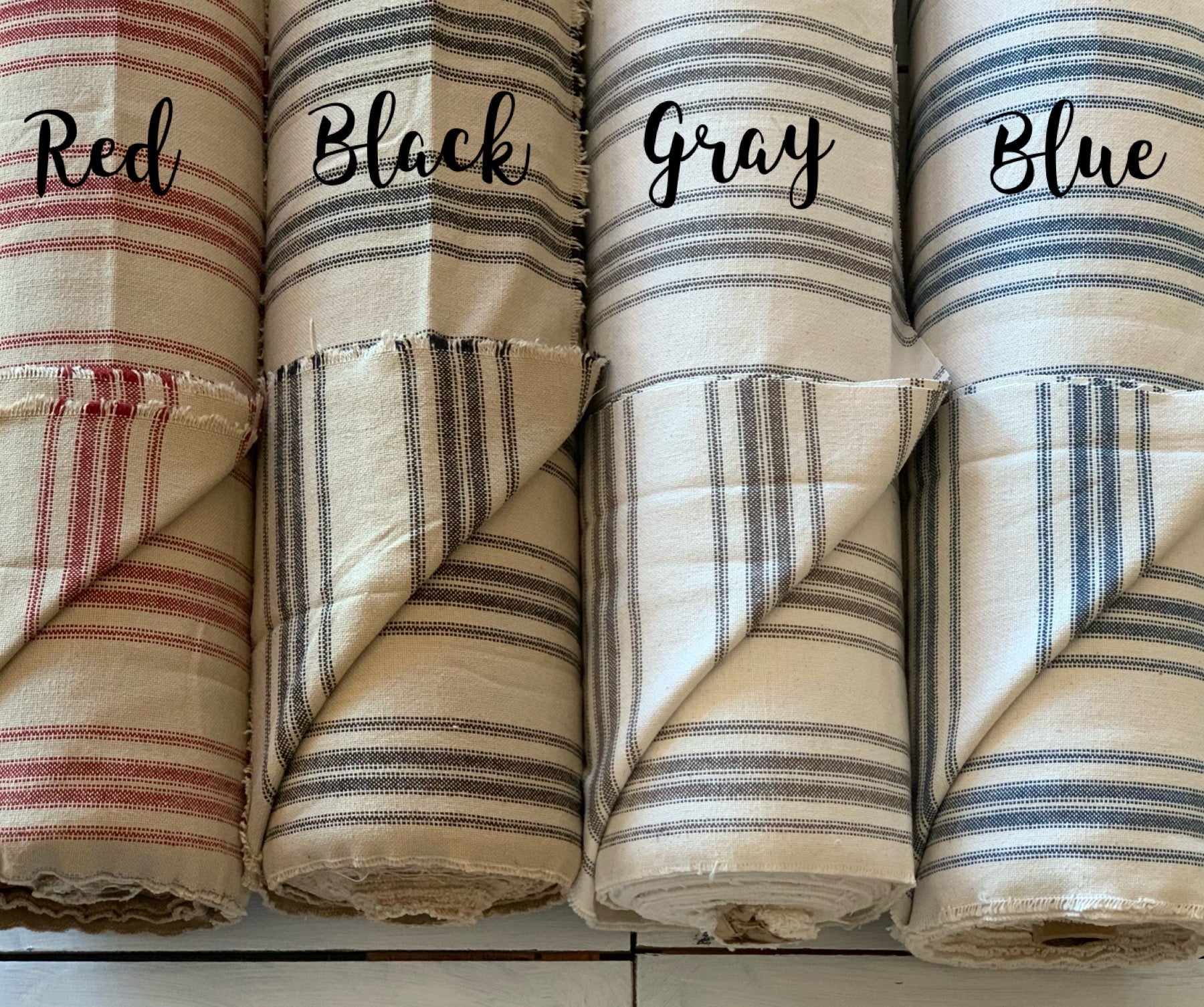 Our Exclusive 63" Red on Tan/Beige Multi-Stripe - Grain Sack Fabric