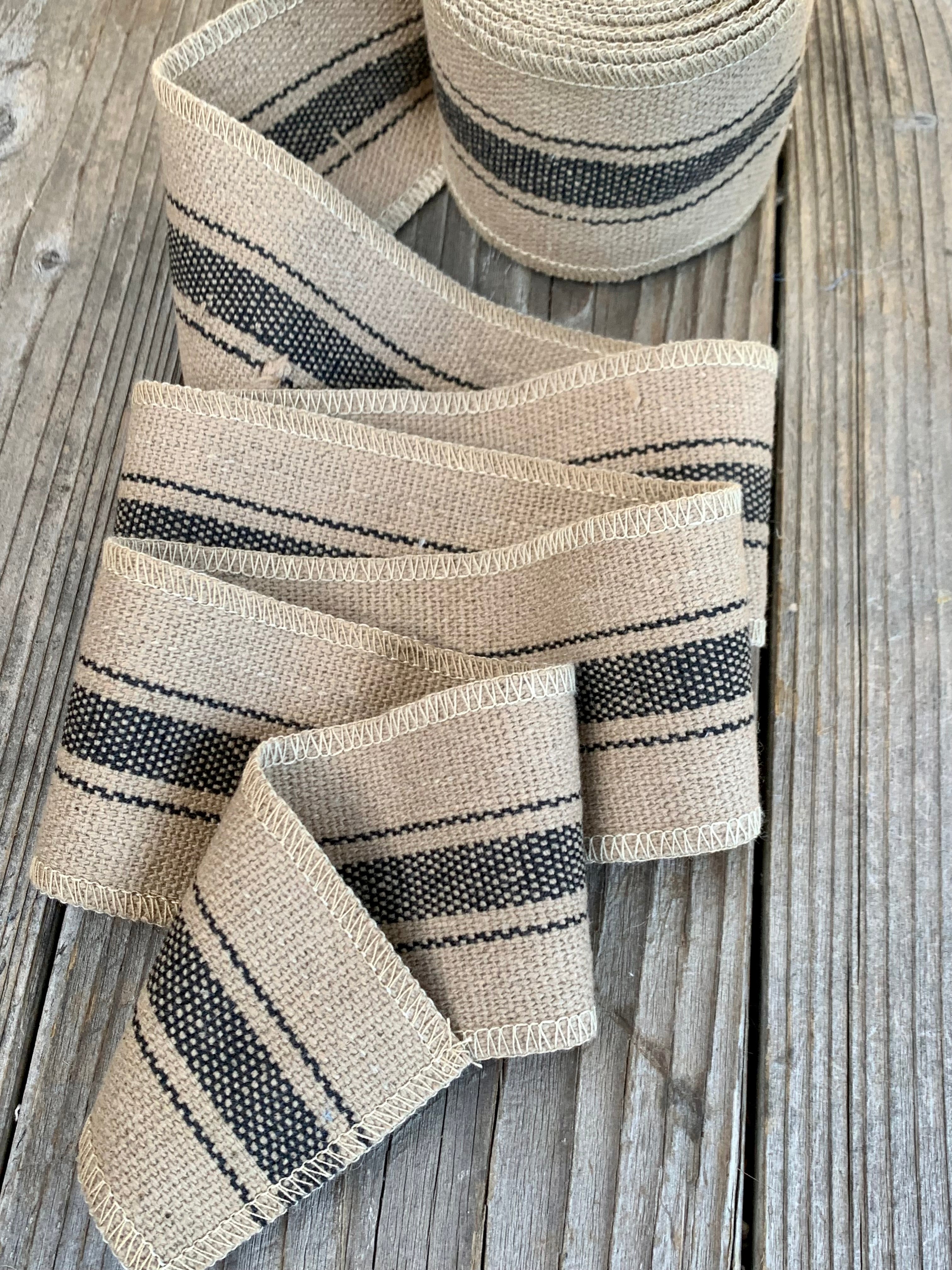 Grain Sack Ribbon - Beige/Taupe Black Stripe - 2 1/2" Wide