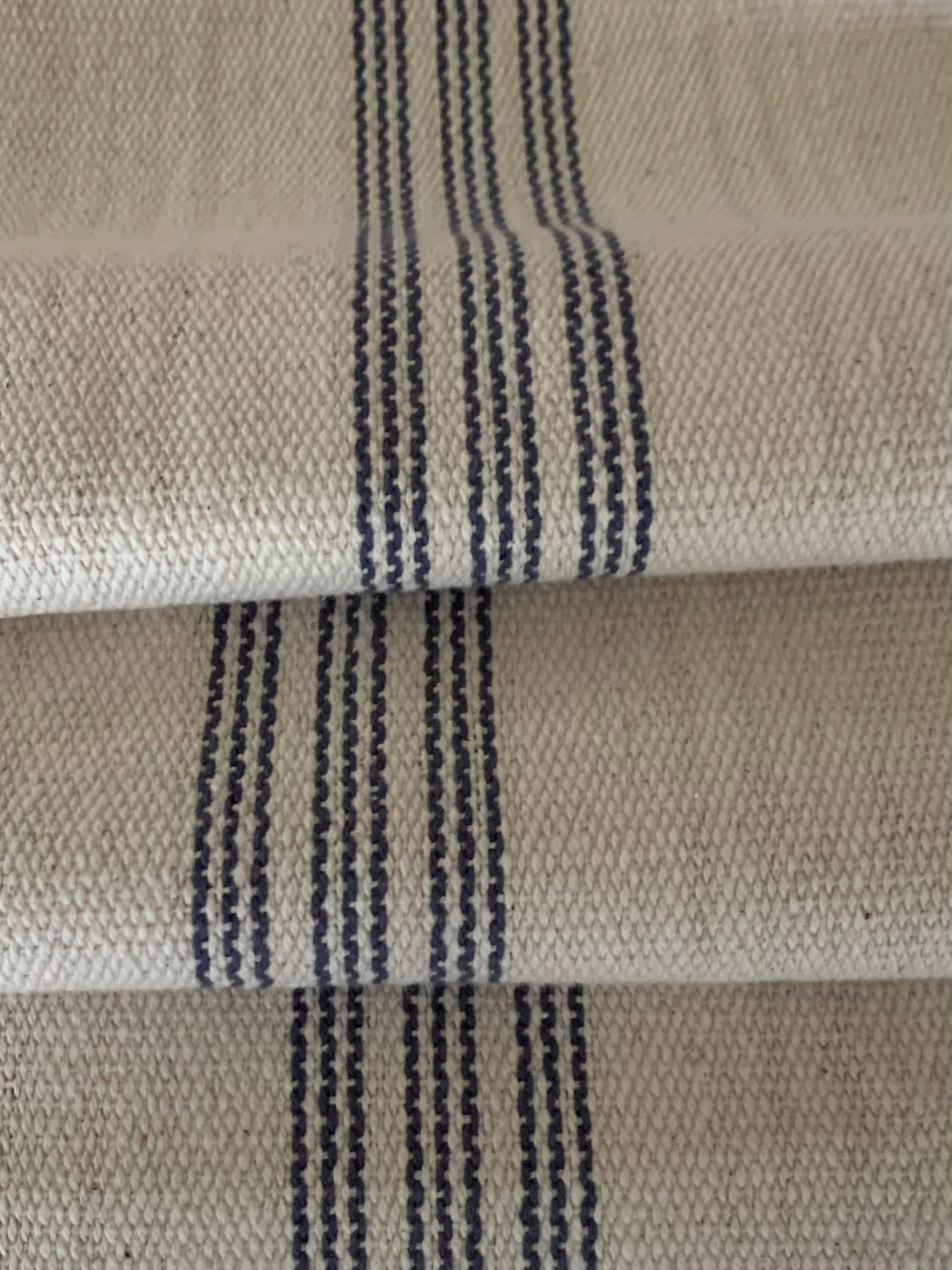 Grain Sack Fabric - Three Set Blue Stripes on Cream