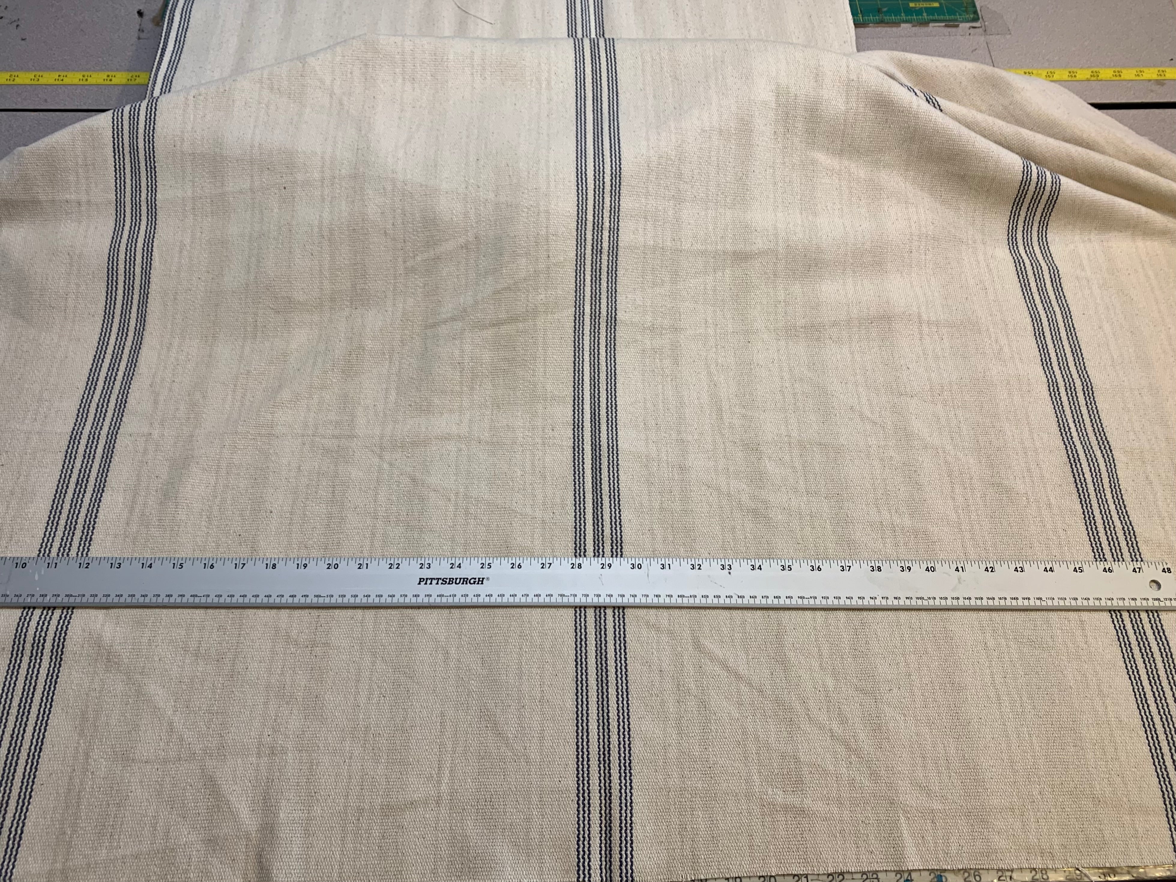 Grain Sack Fabric - Three Set Blue Stripes on Cream