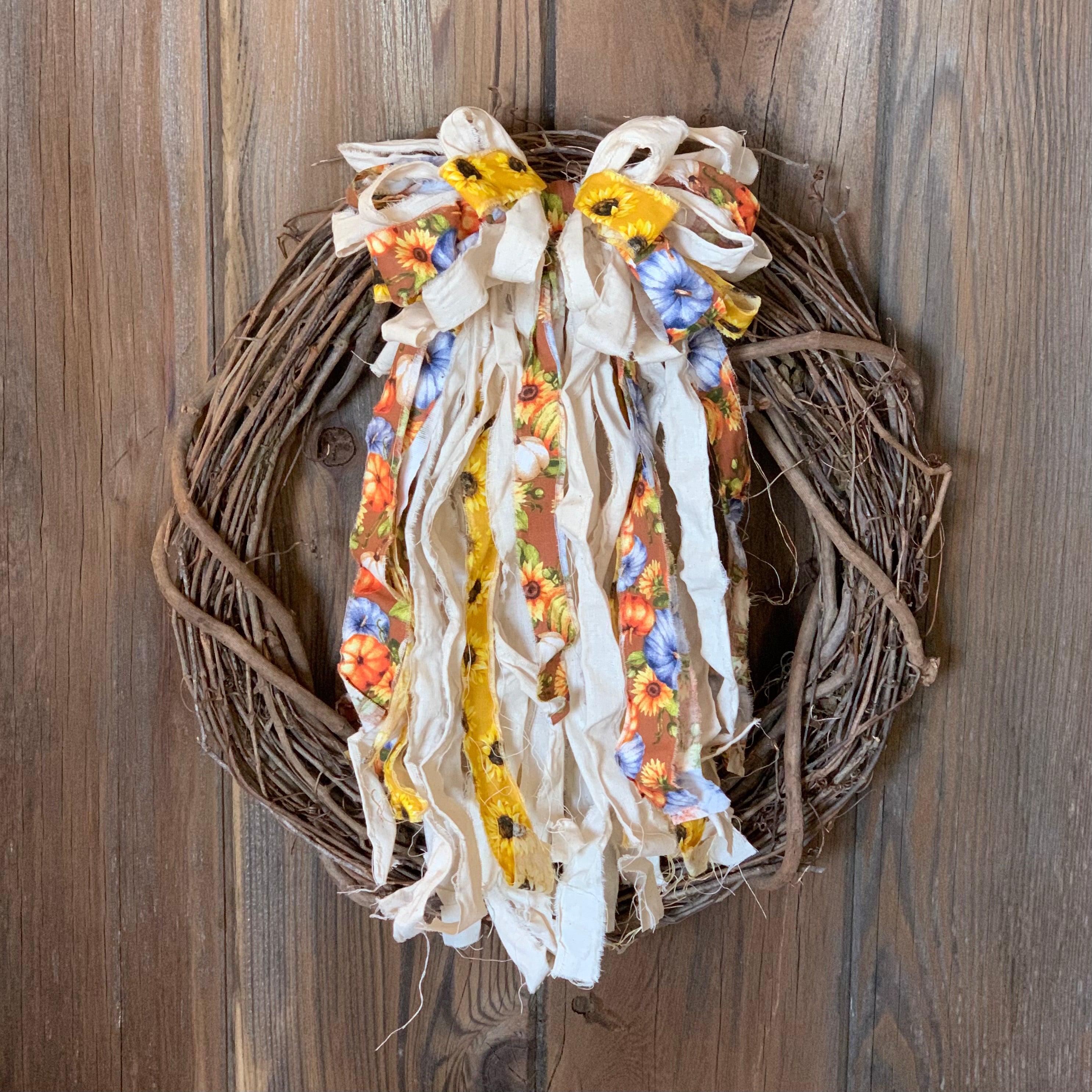 Fall Rag Bow in Natural, Sunflowers, & Pumpkins