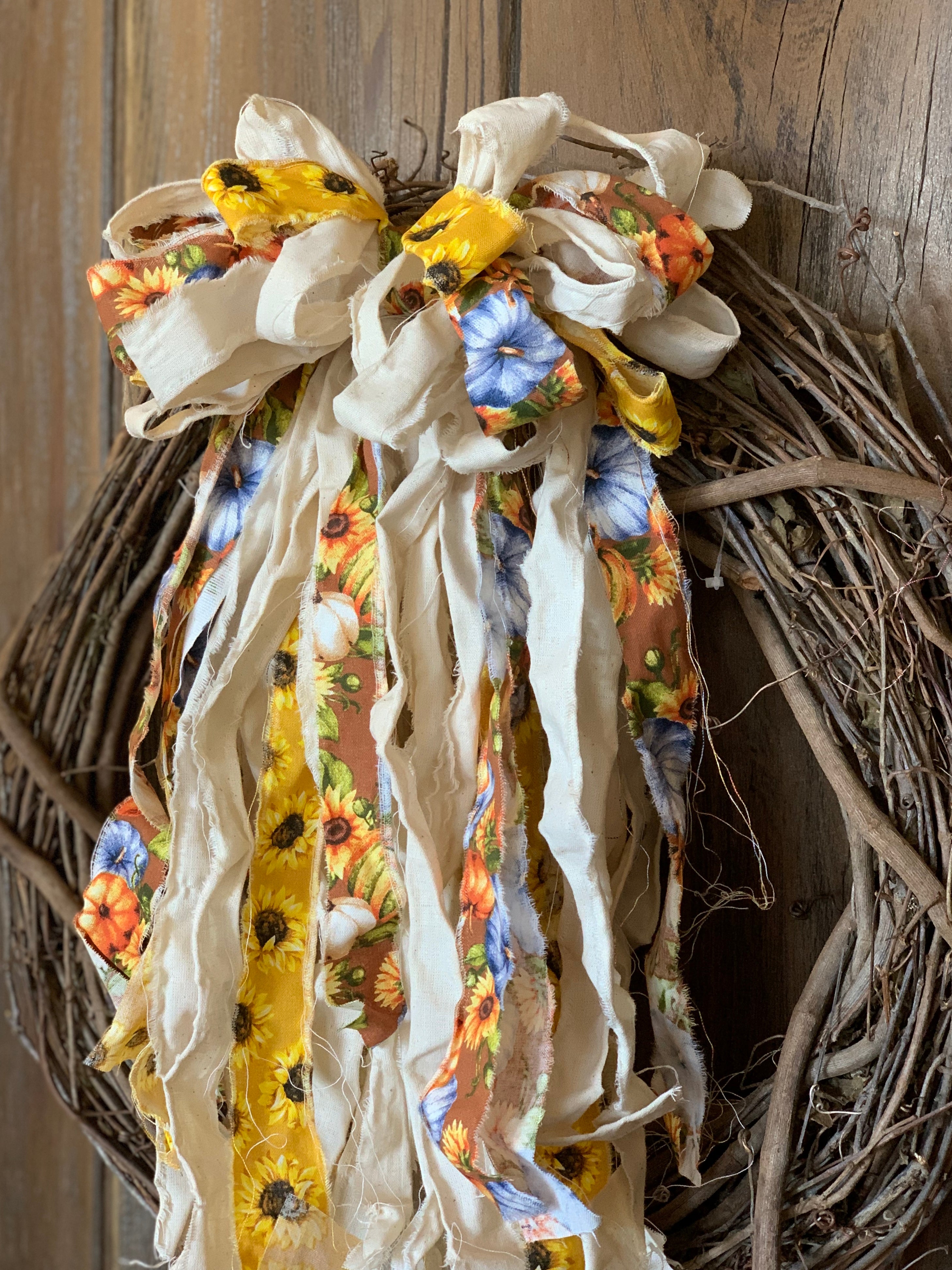 Fall Rag Bow in Natural, Sunflowers, & Pumpkins