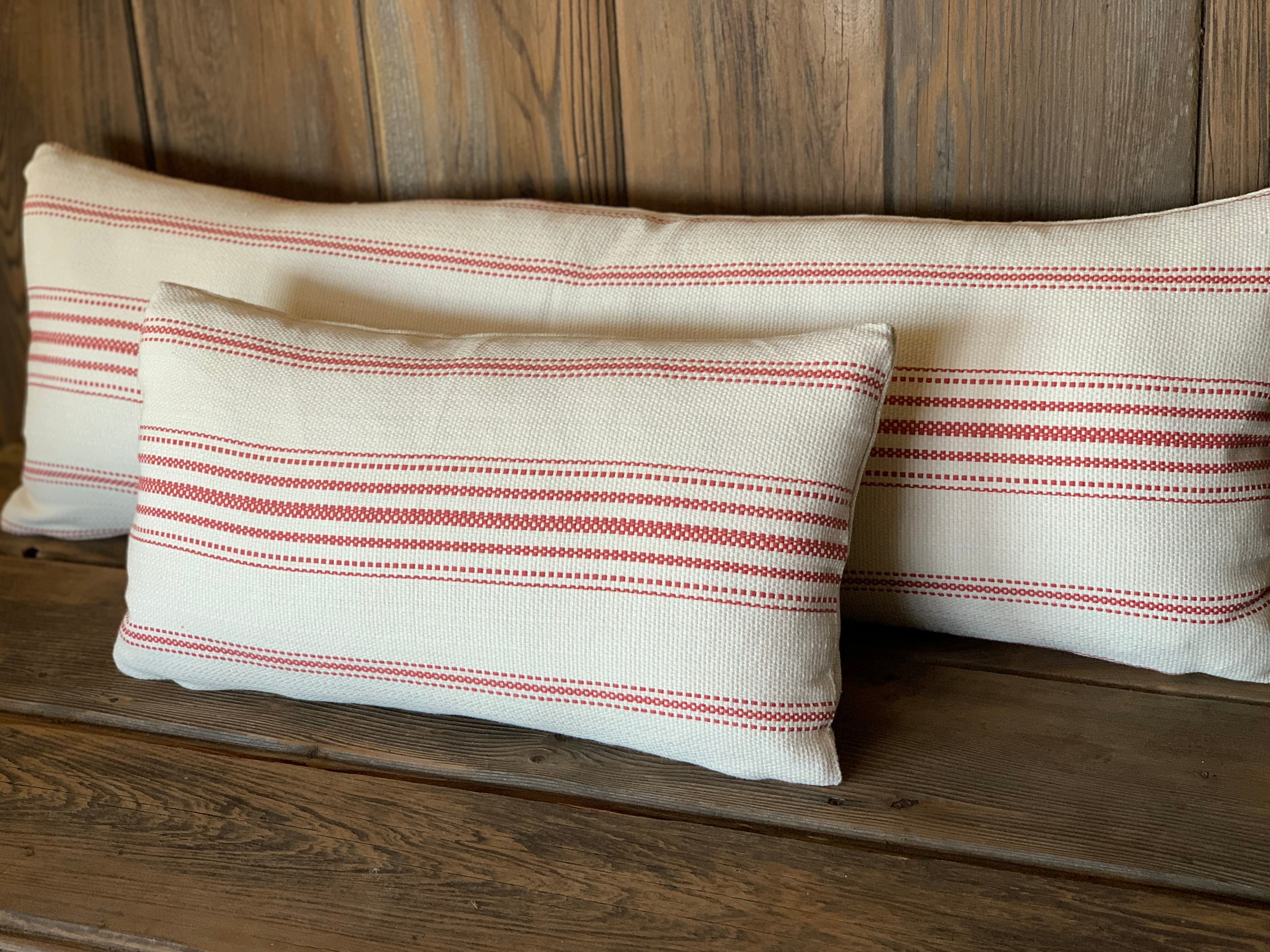 Red Grain Sack Style Striped Farmhouse Pillow