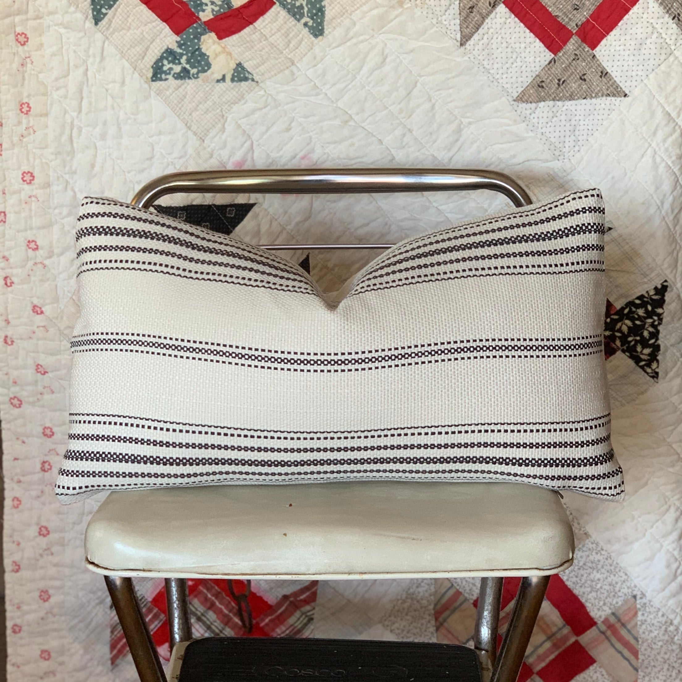 Black Grain Sack Style Striped Farmhouse Pillow