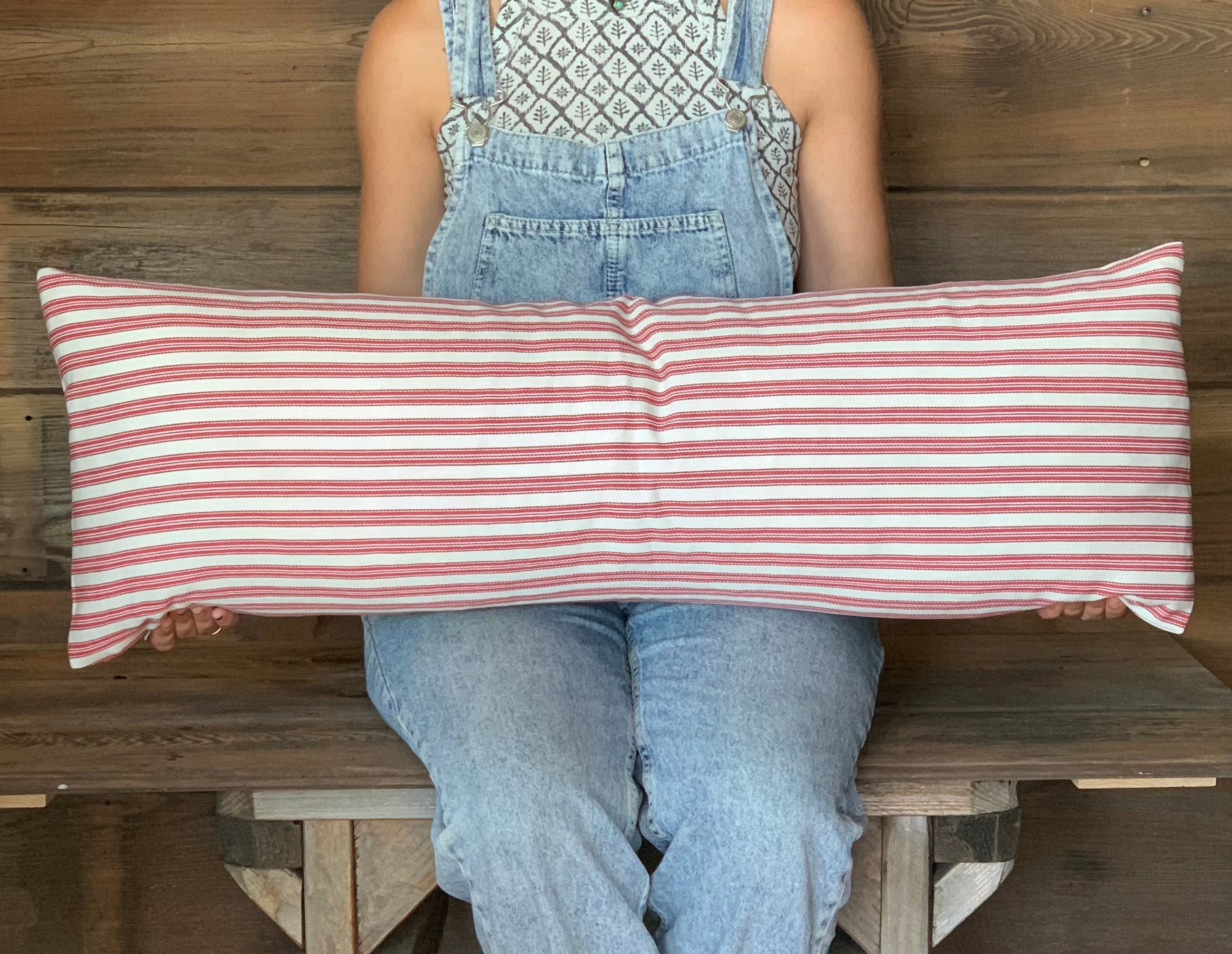 Red Ticking Striped Farmhouse Pillow