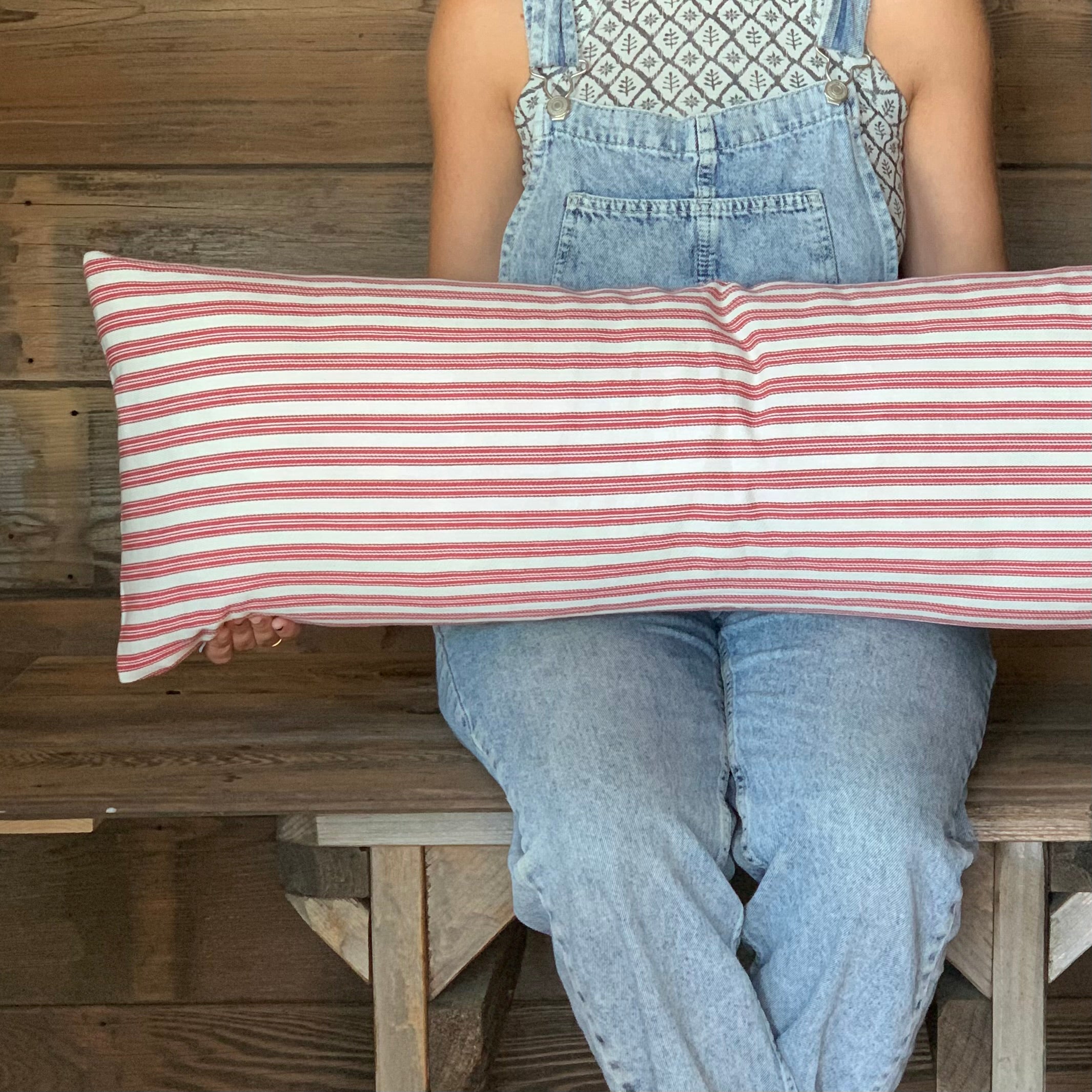 Red Ticking Striped Farmhouse Pillow