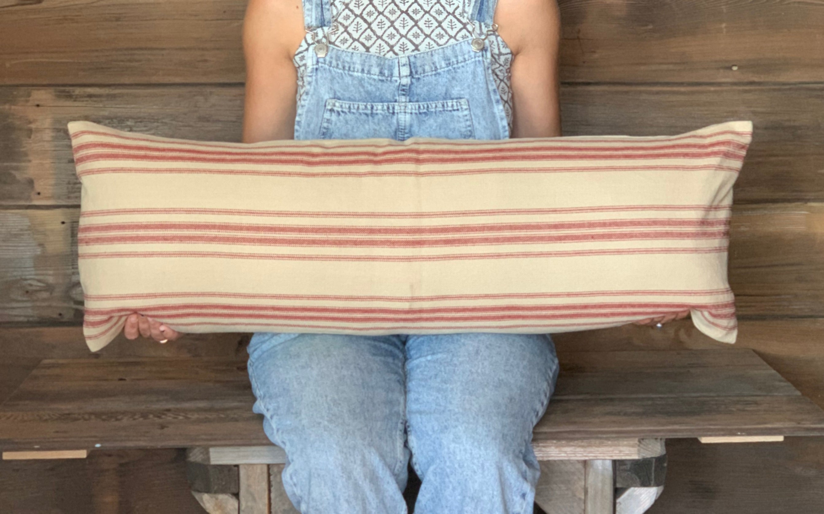 Red Grain Sack Style Striped Farmhouse Pillow