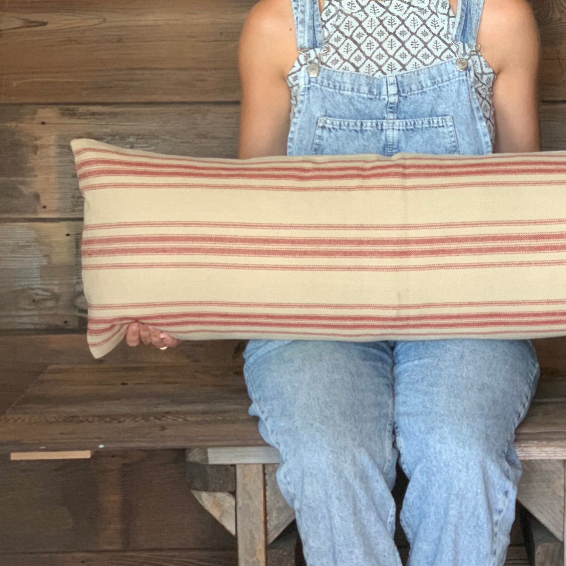 Red Grain Sack Style Striped Farmhouse Pillow