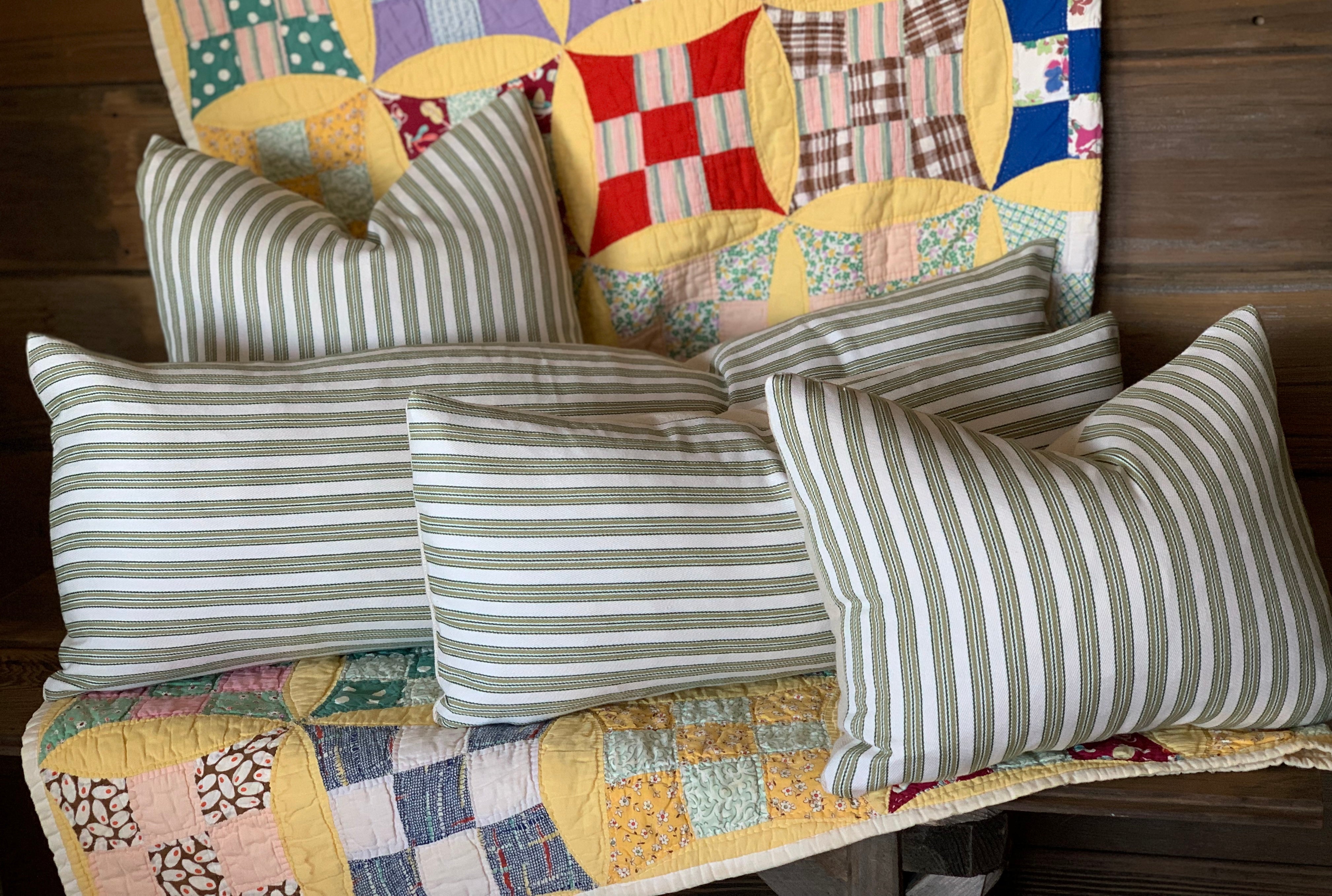 Green Ticking Striped Farmhouse Pillow