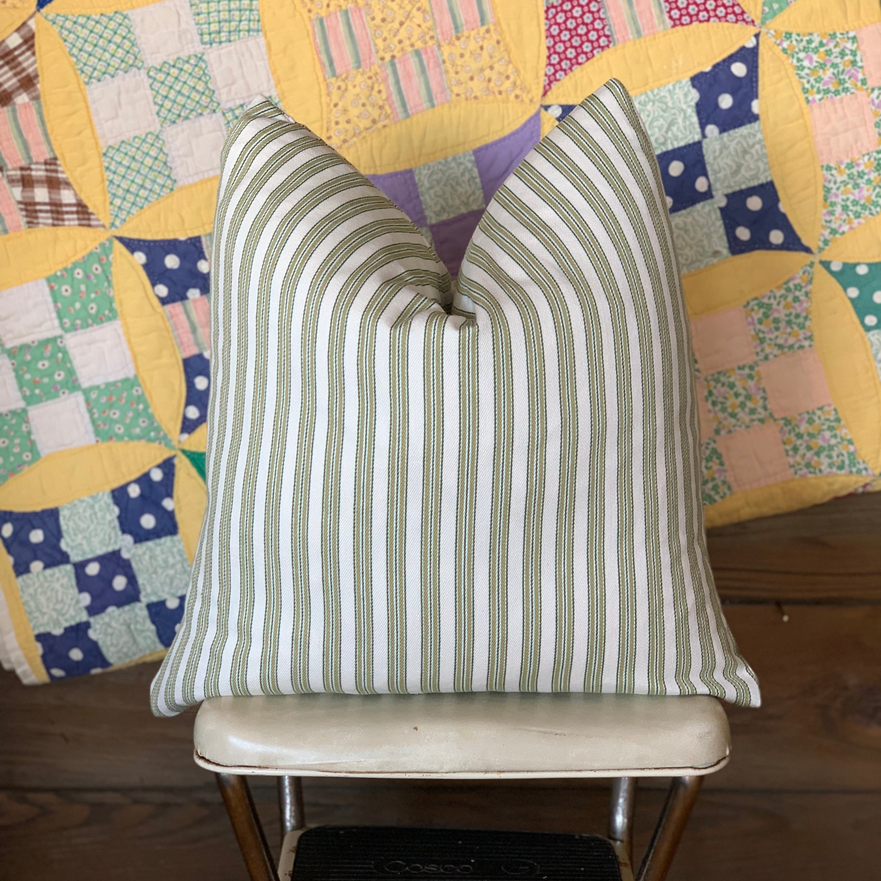 Green Ticking Striped Farmhouse Pillow
