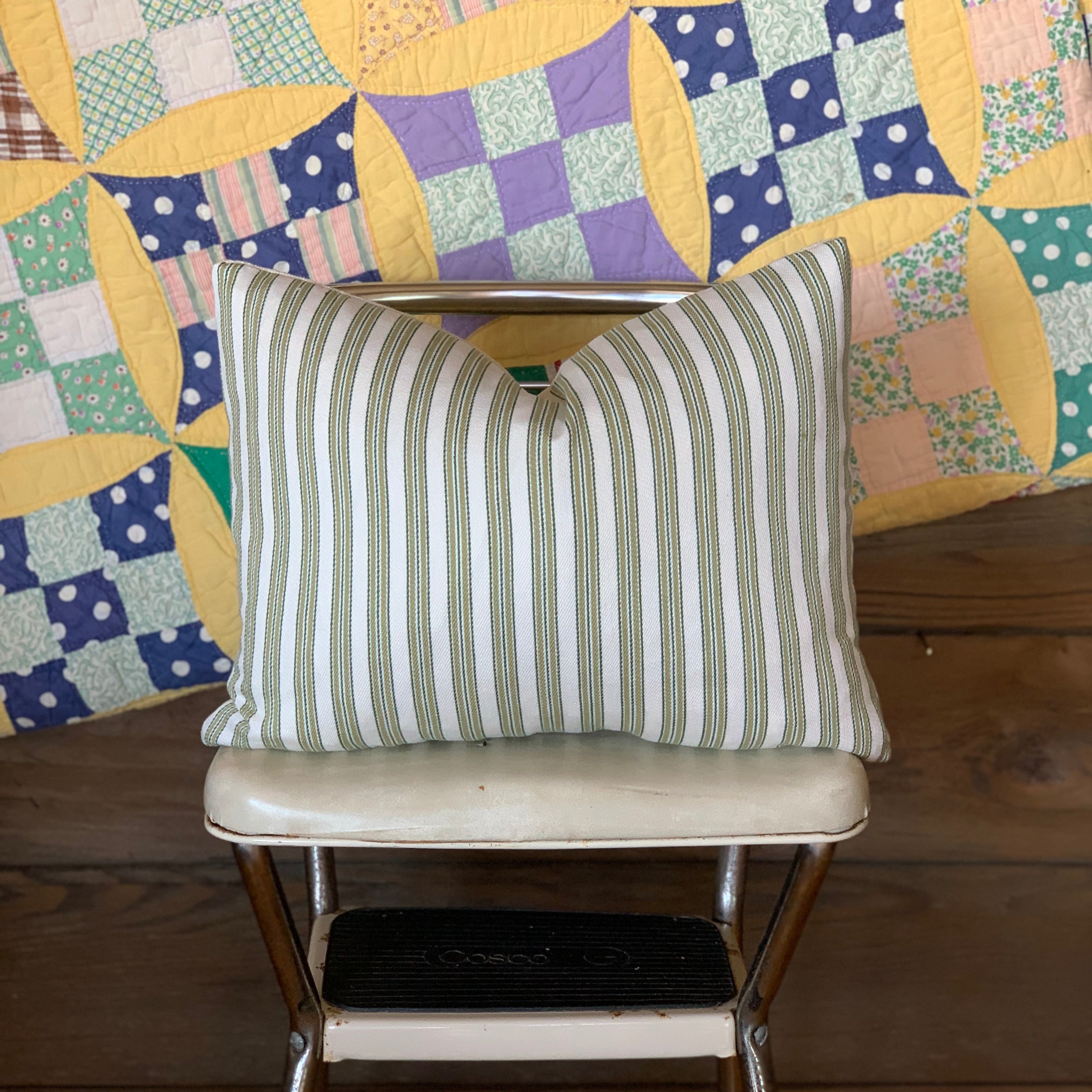 Green Ticking Striped Farmhouse Pillow