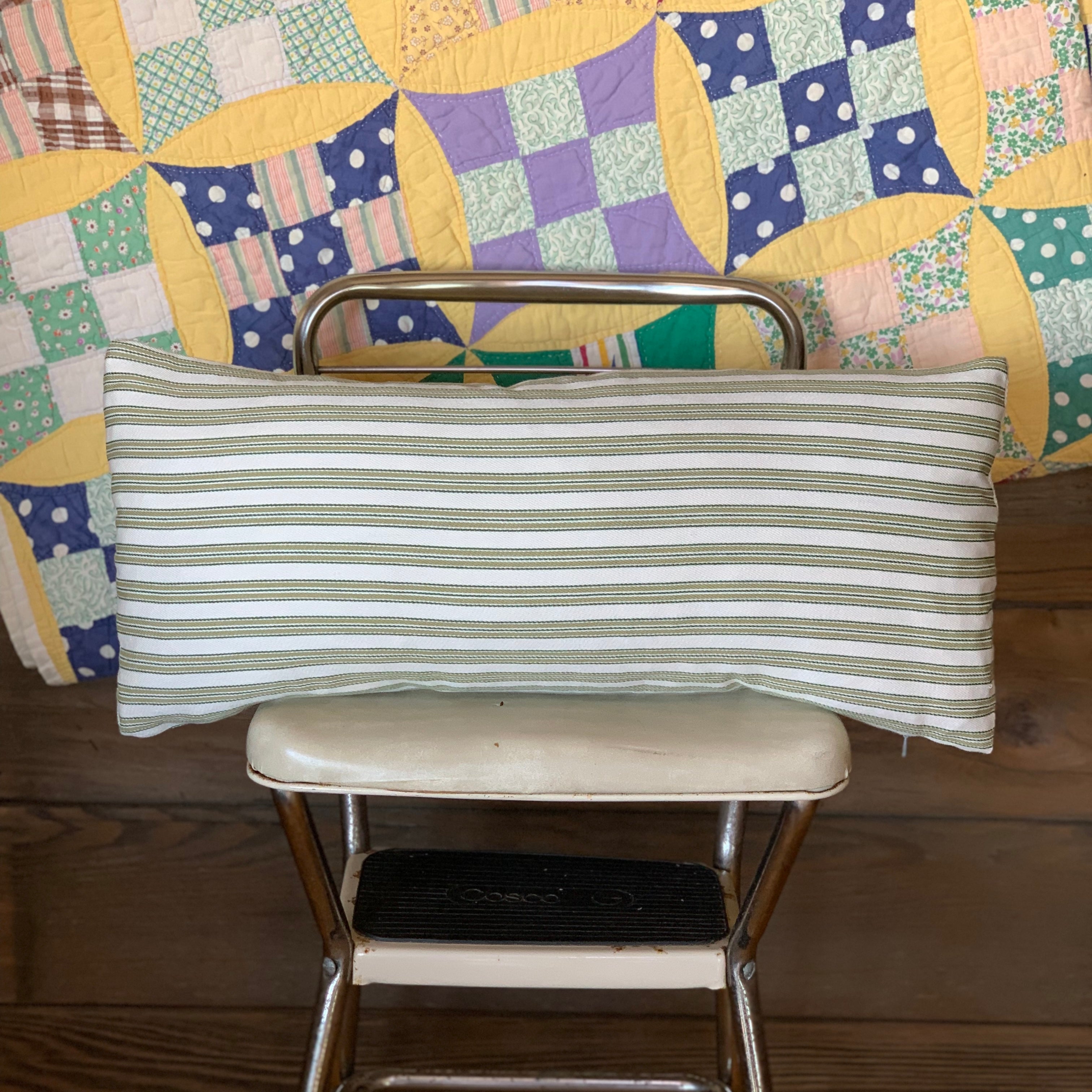 Green Ticking Striped Farmhouse Pillow