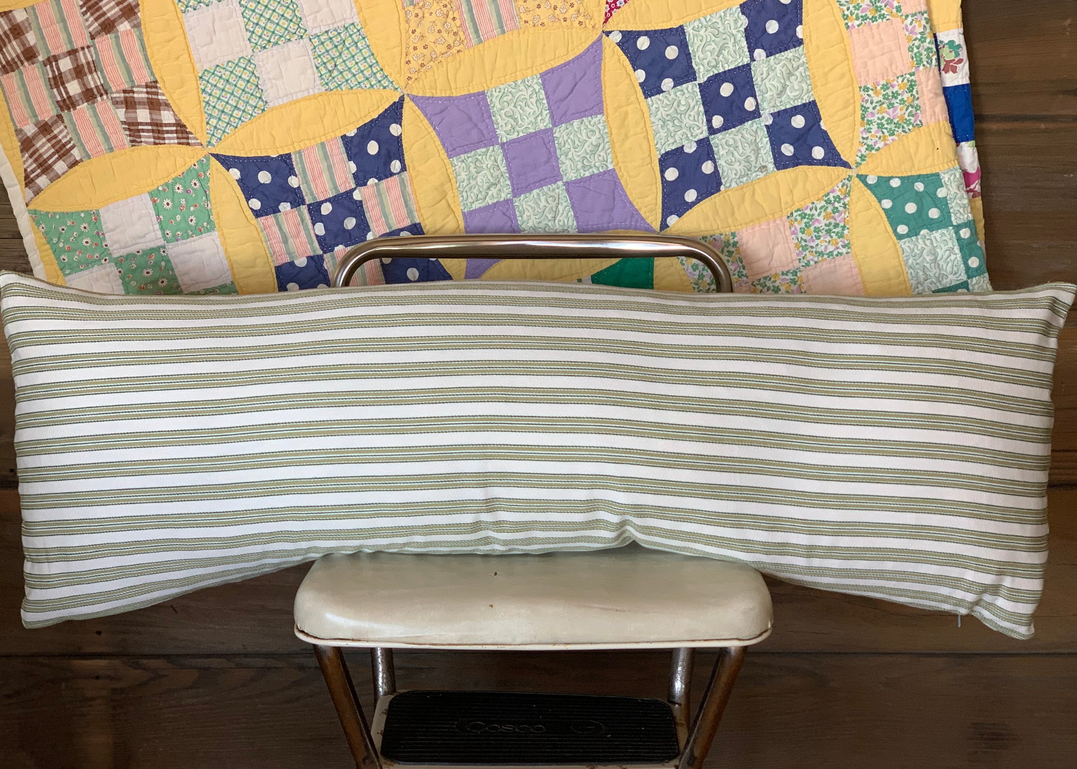 Green Ticking Striped Farmhouse Pillow