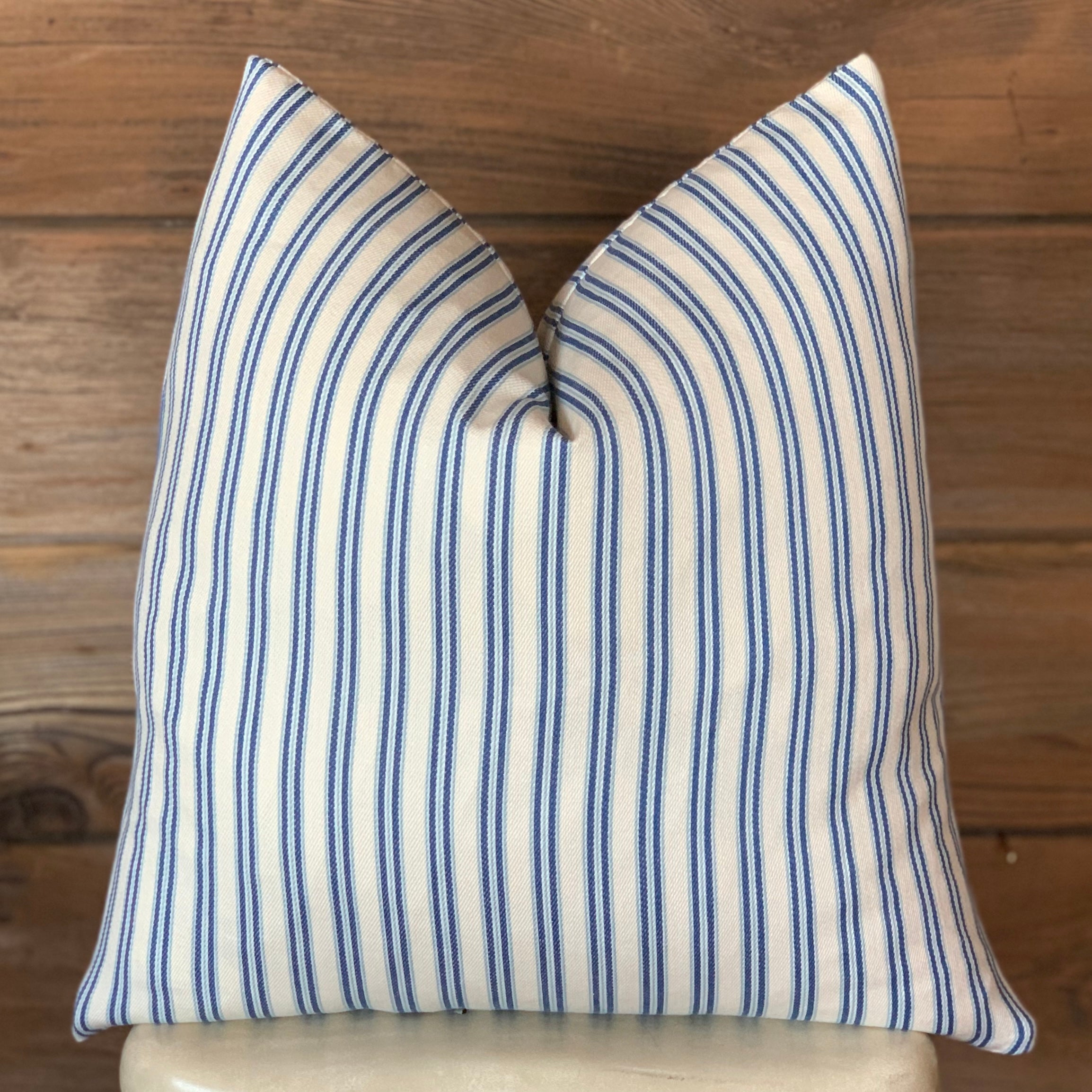 Blue Ticking Striped Farmhouse Pillow