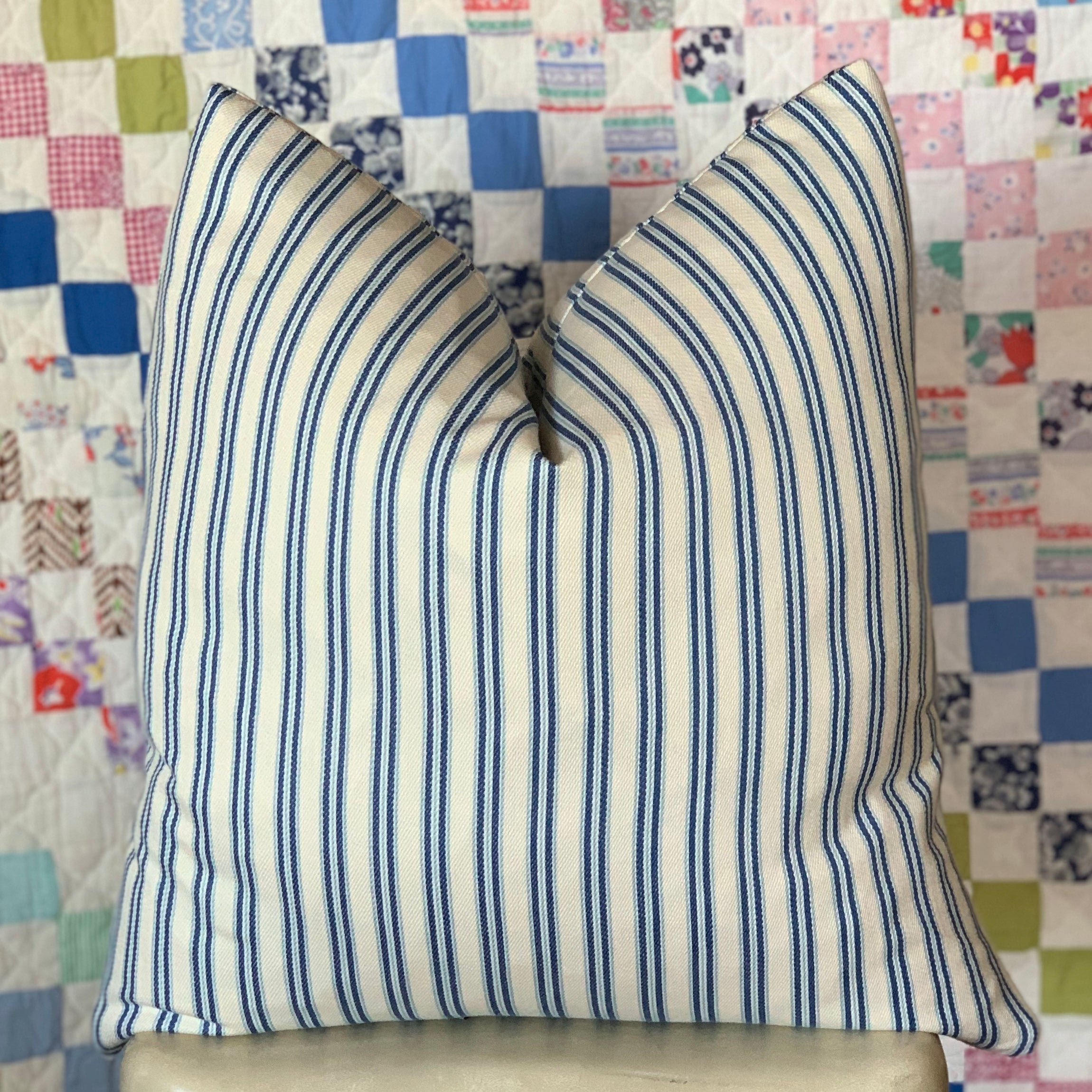 Blue Ticking Striped Farmhouse Pillow