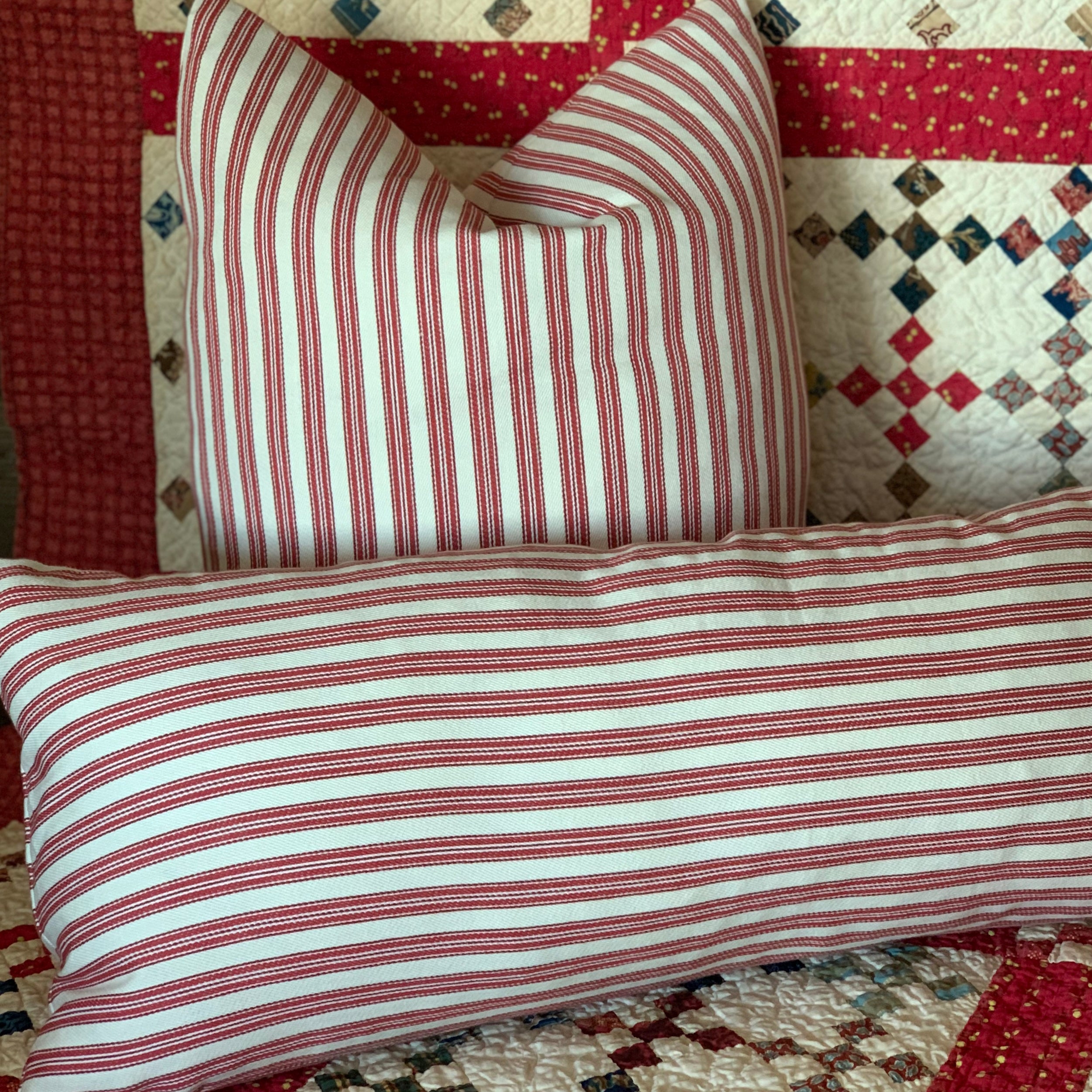 Red Ticking Striped Farmhouse Pillow