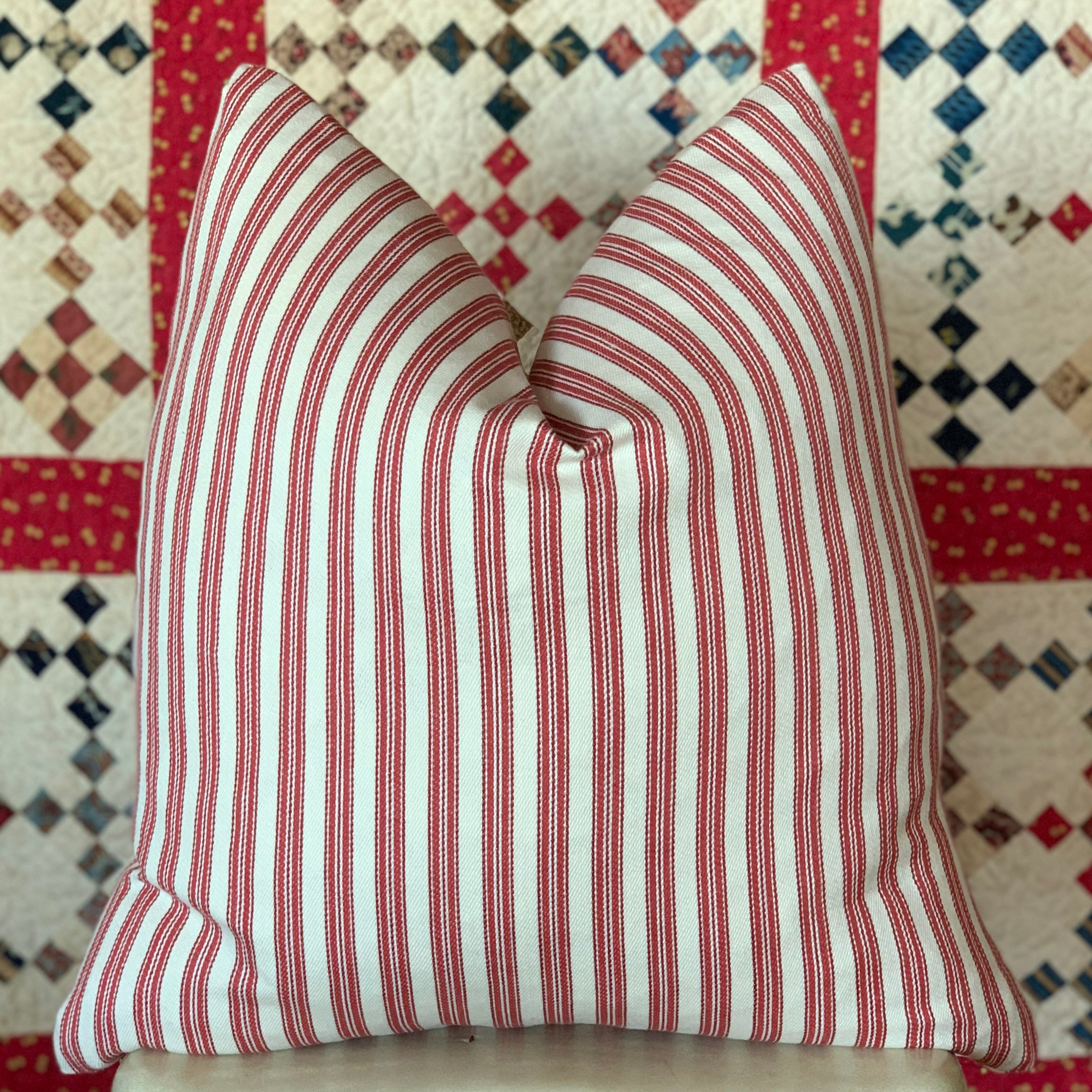 Red Ticking Striped Farmhouse Pillow