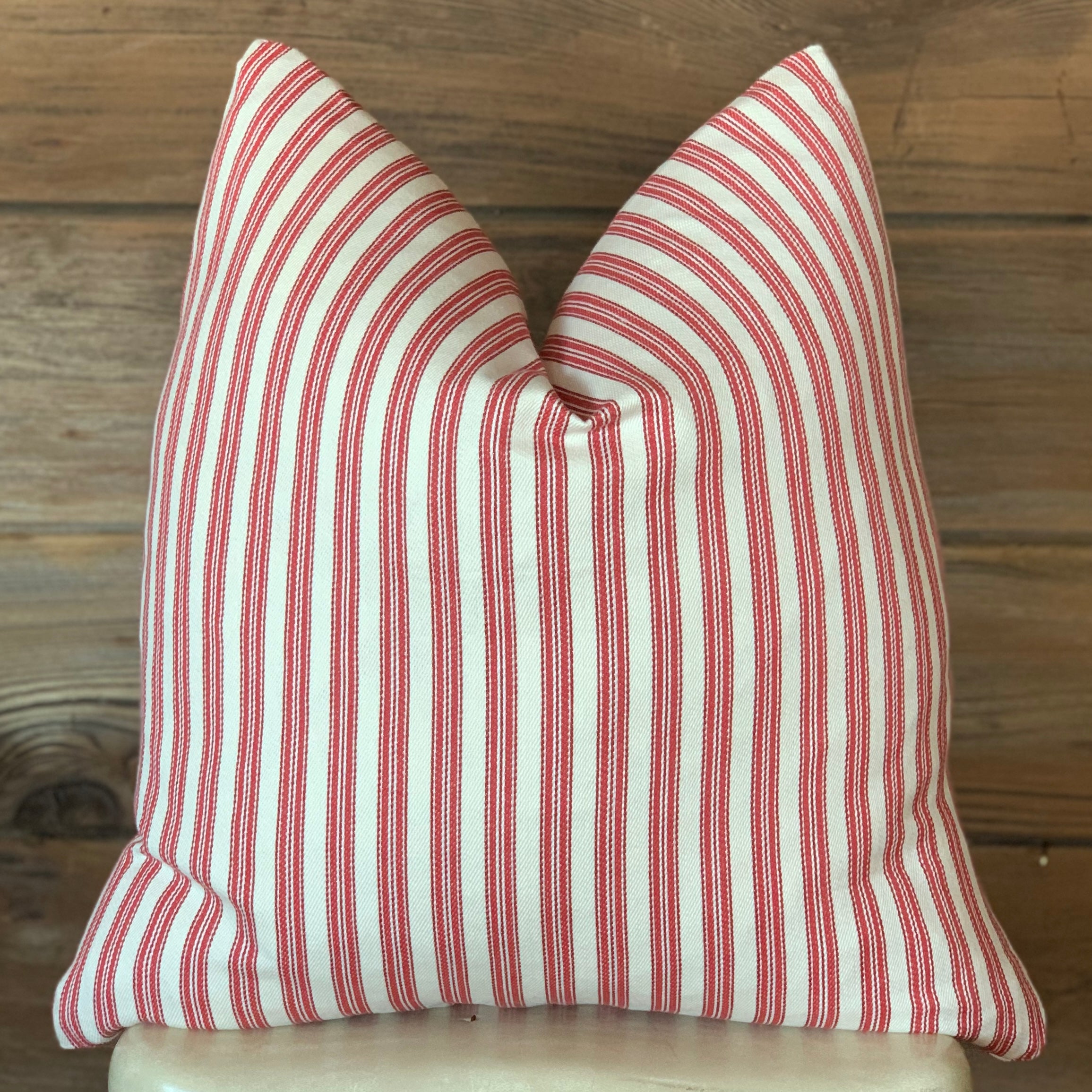 Red Ticking Striped Farmhouse Pillow