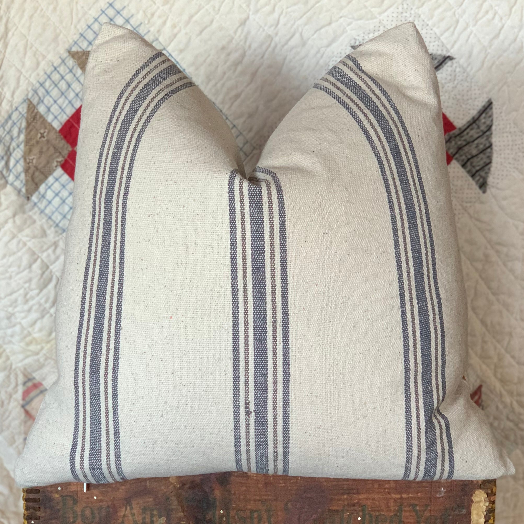Blue Gray Grain Sack Striped Farmhouse Pillow