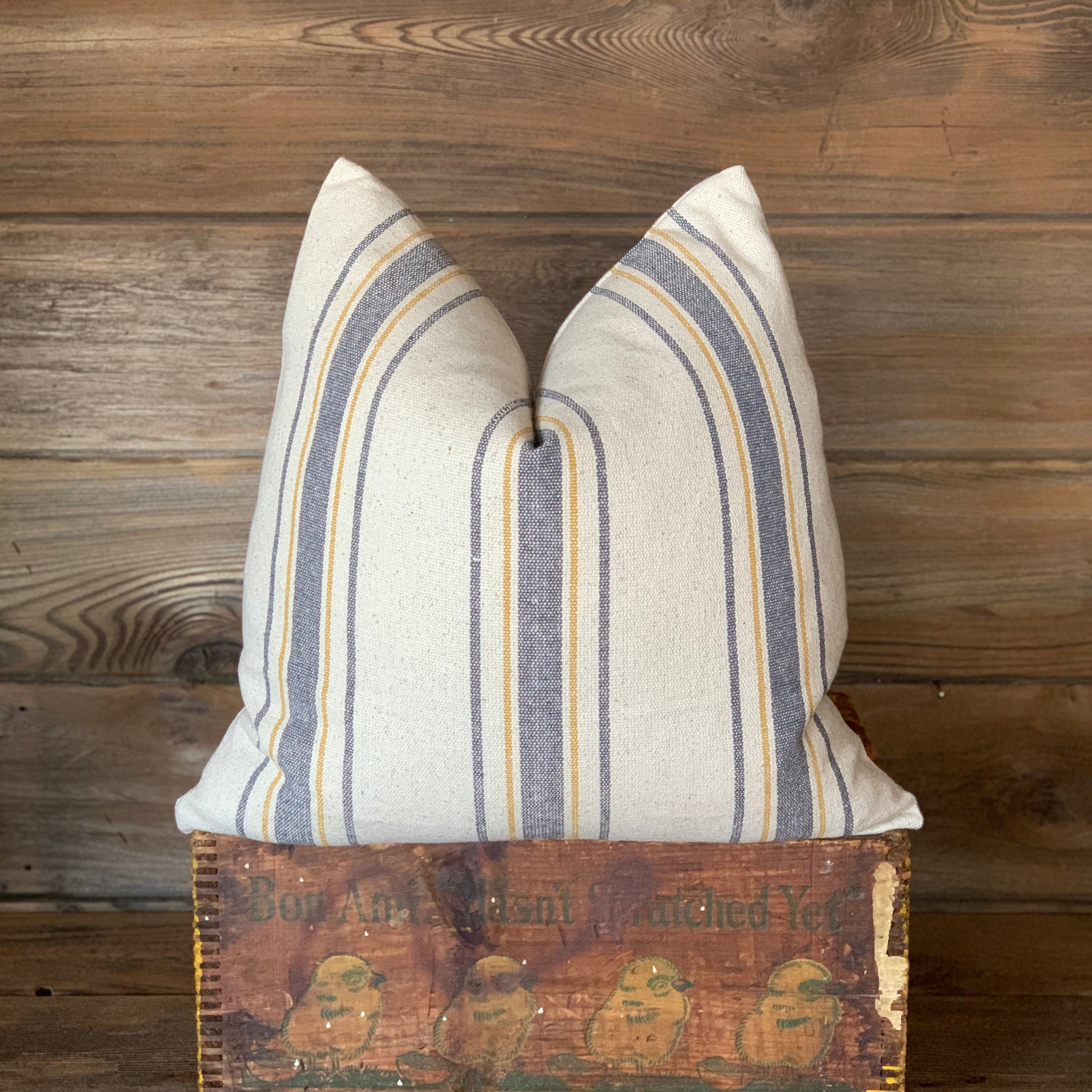 Blue and Yellow Grain Sack Striped Farmhouse Pillow