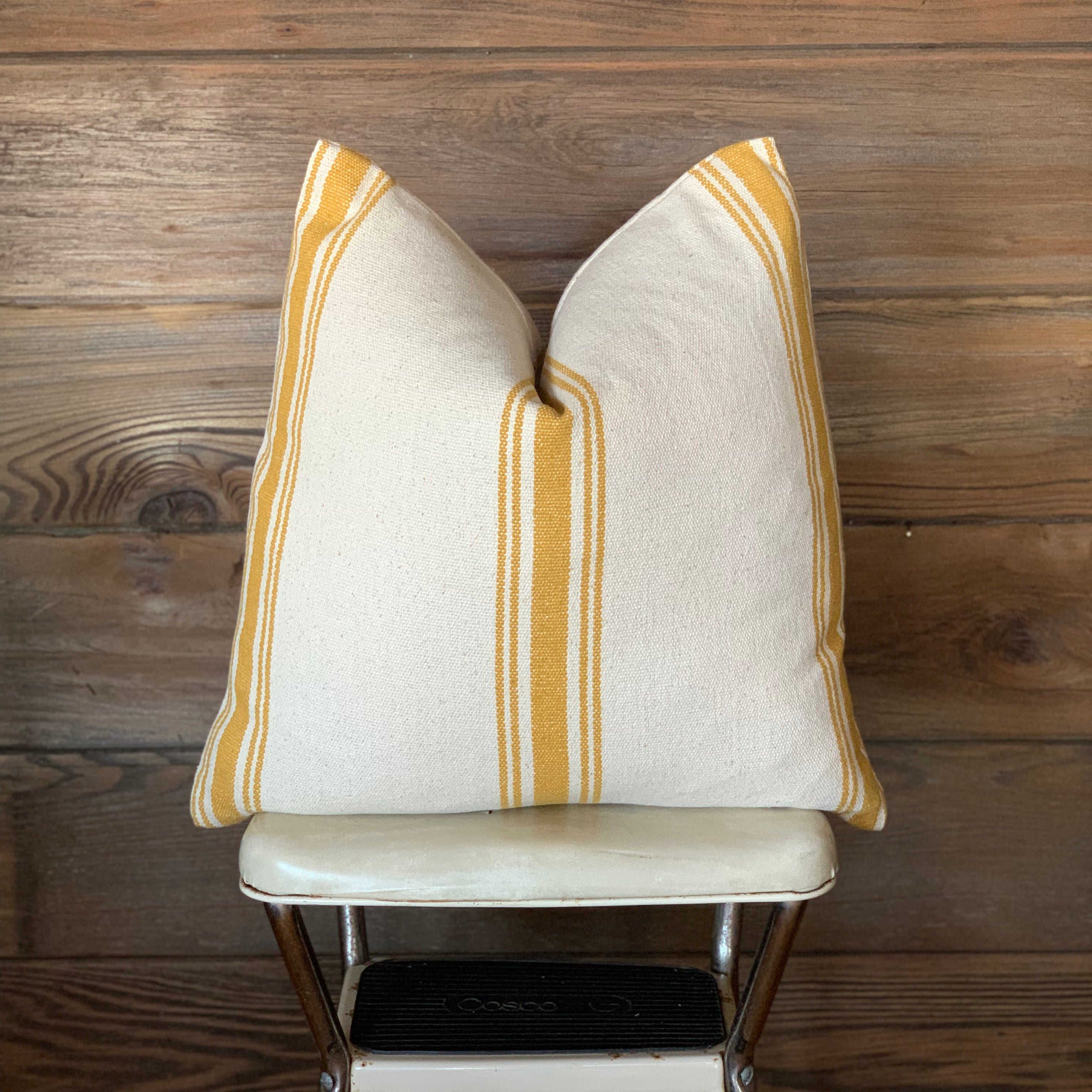 Yellow Grain Sack Striped Farmhouse Pillow
