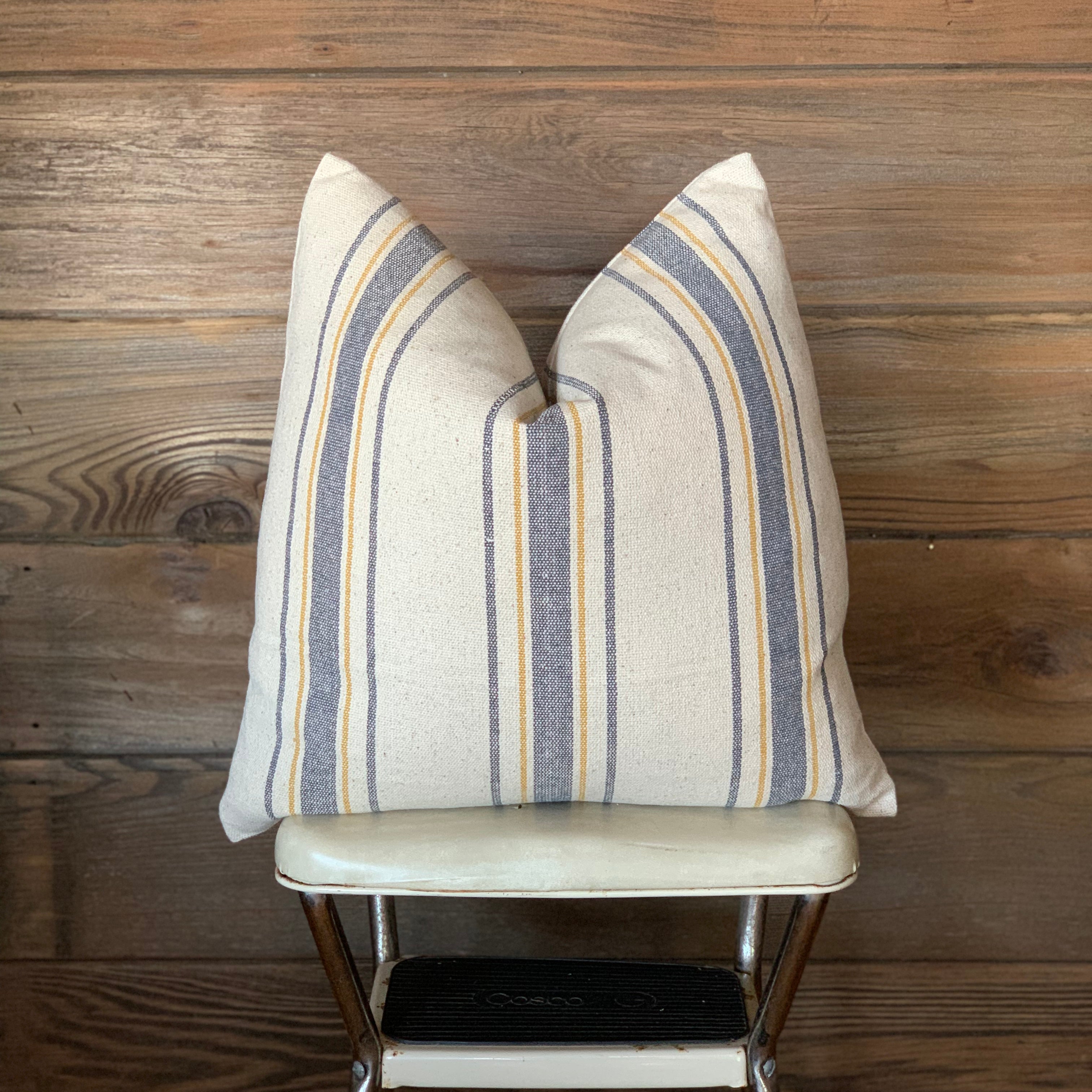 Blue and Yellow Grain Sack Striped Farmhouse Pillow