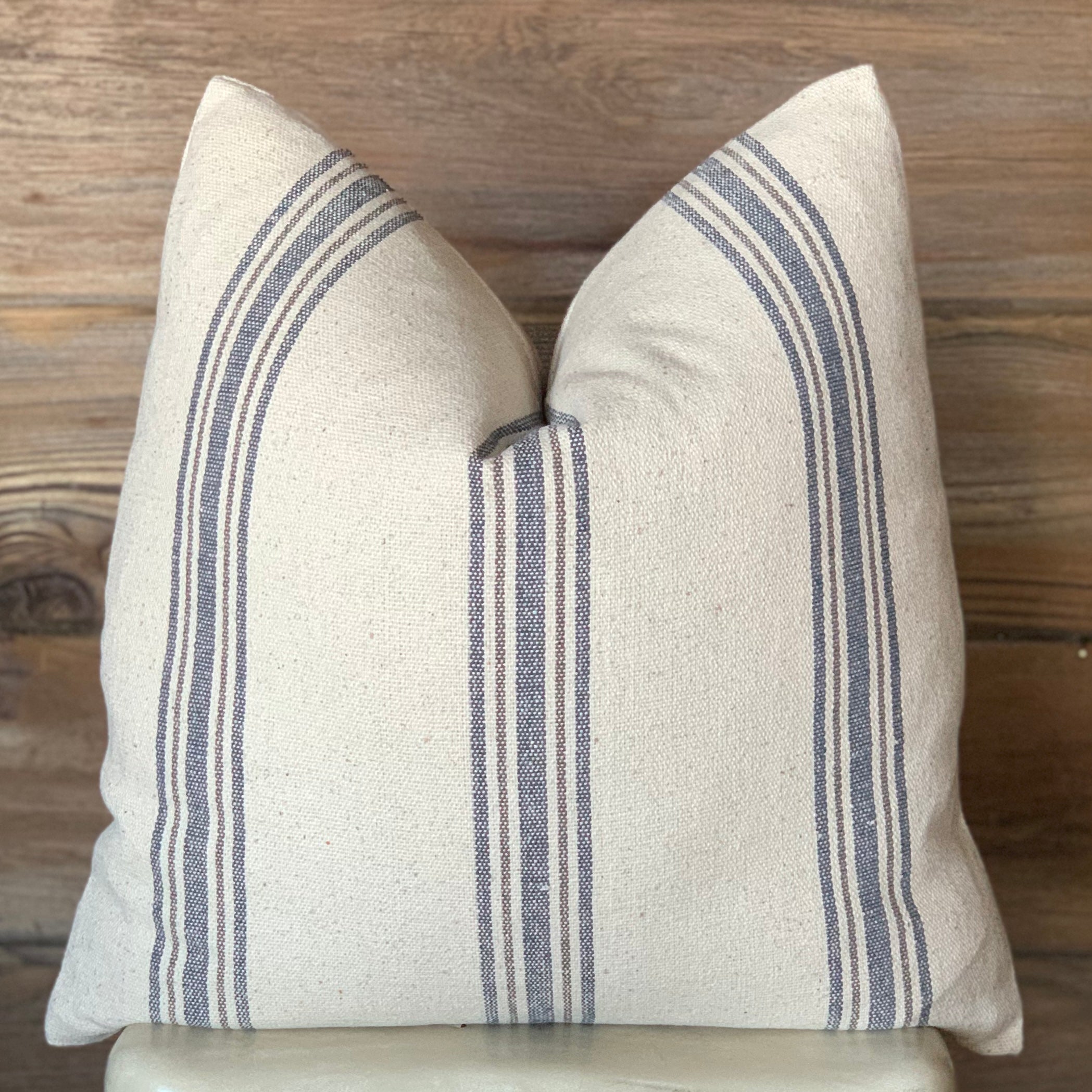 Blue Gray Grain Sack Striped Farmhouse Pillow