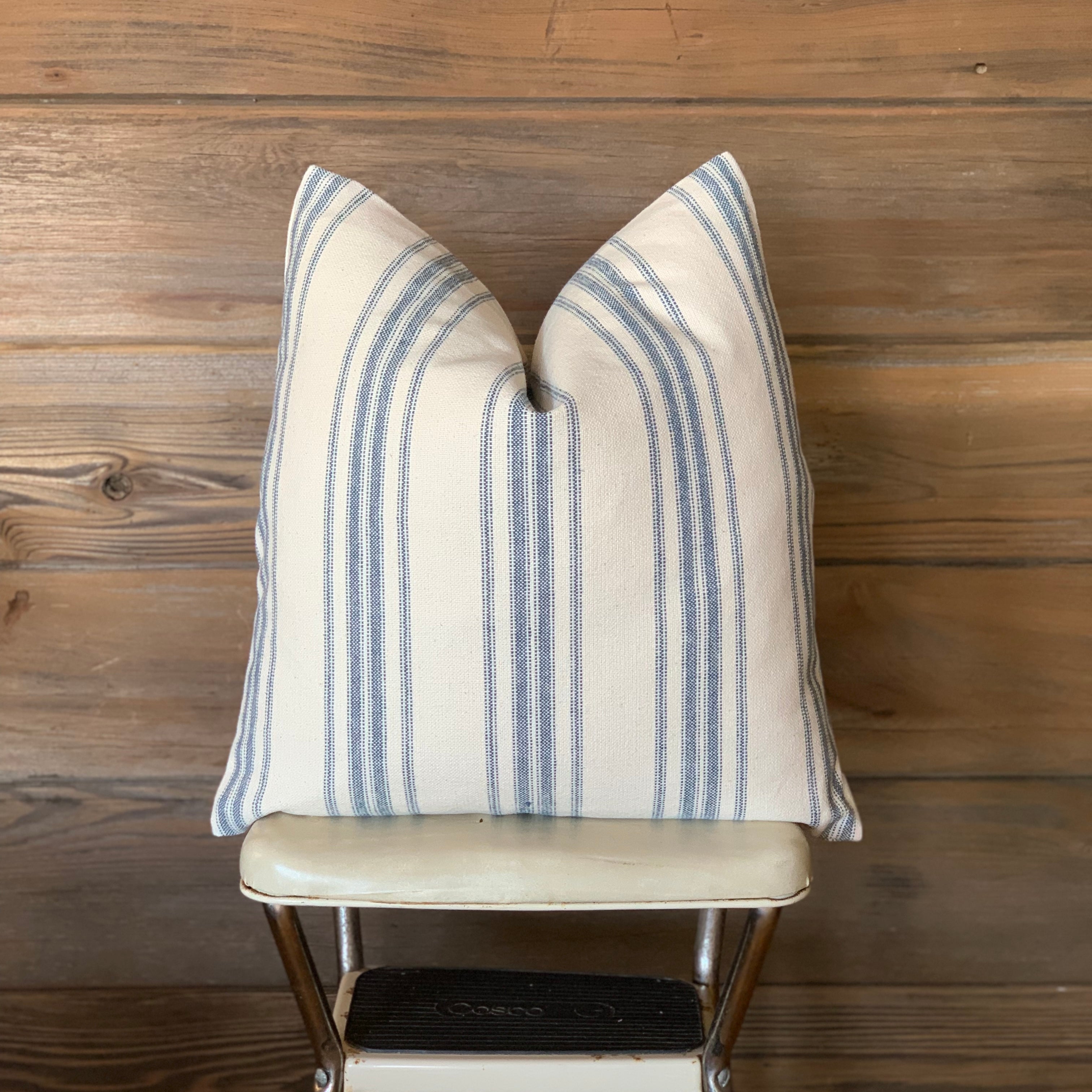 Blue Grain Sack Style Striped Farmhouse Pillow