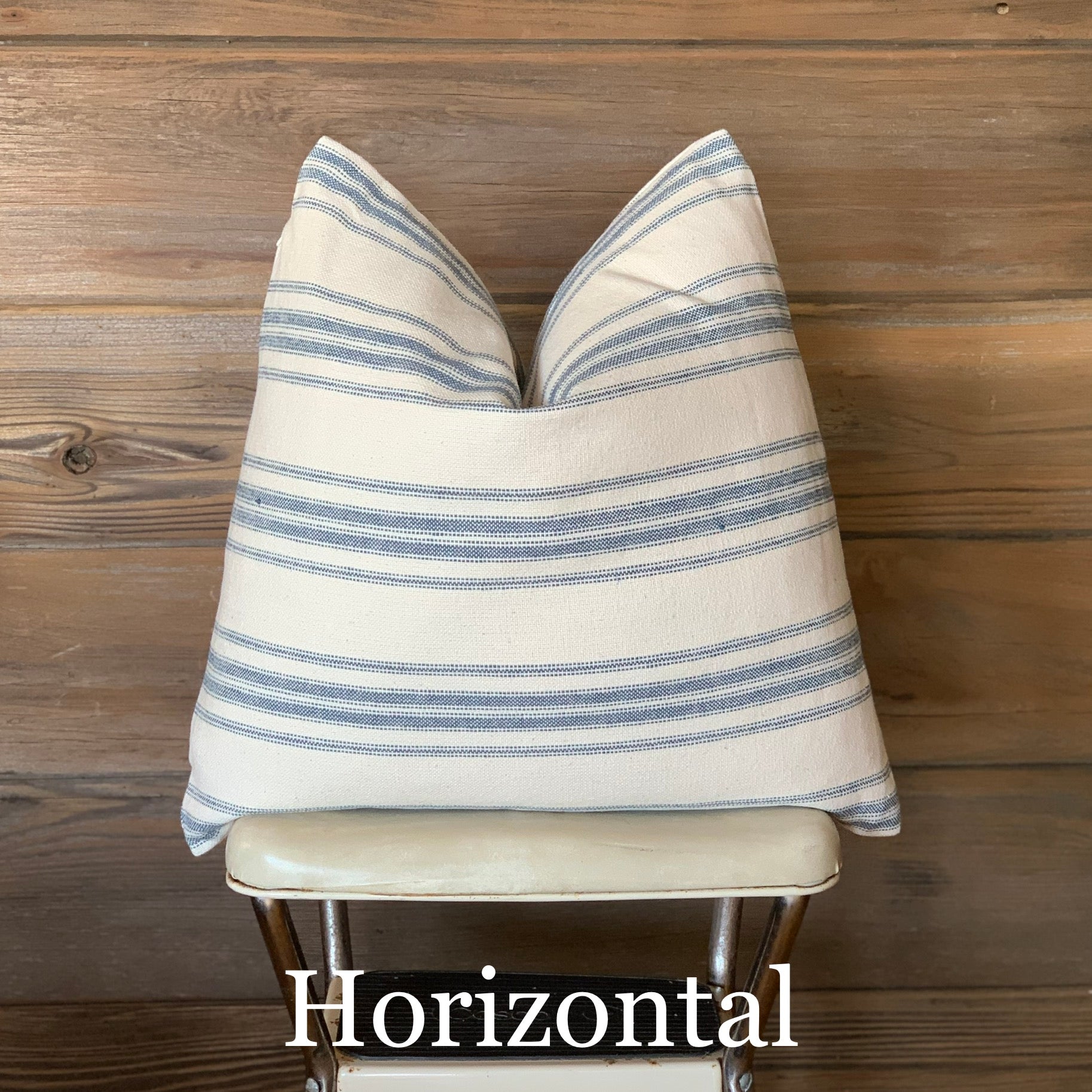 Blue Grain Sack Style Striped Farmhouse Pillow