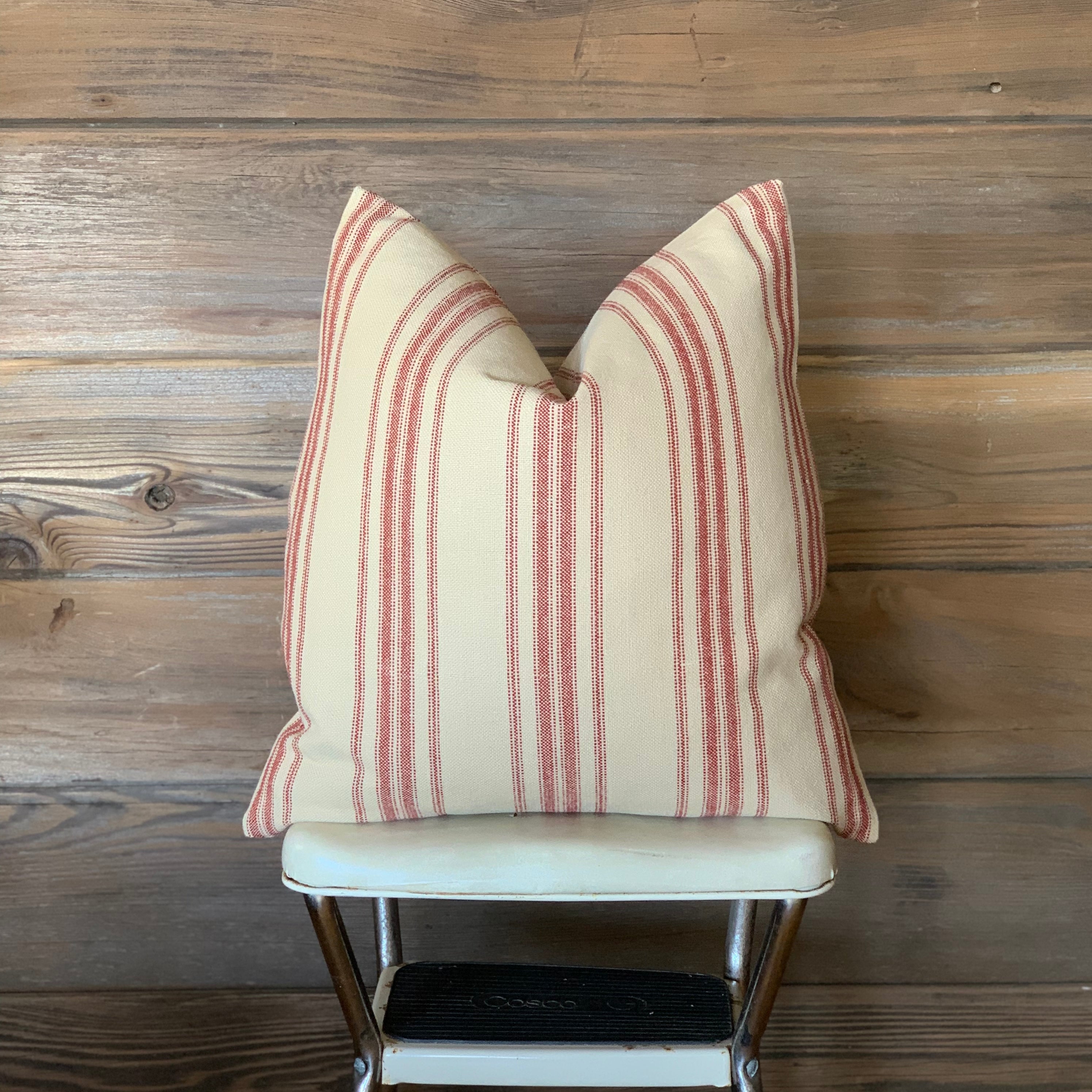 Red Grain Sack Style Striped Farmhouse Pillow