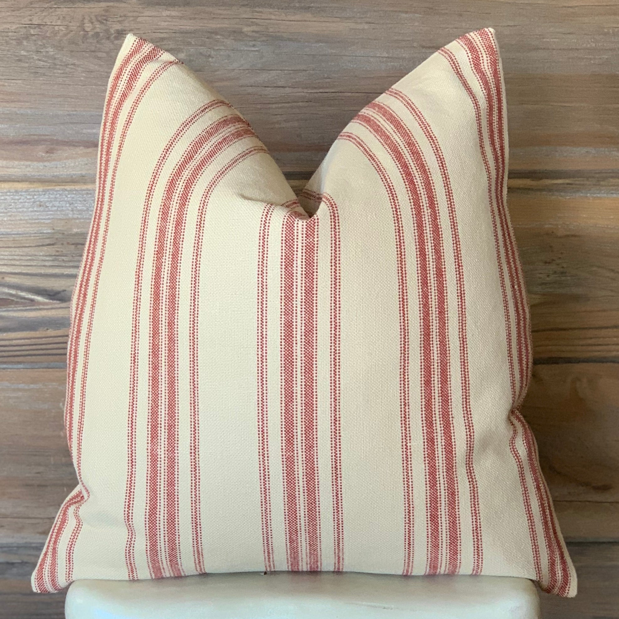 Red Grain Sack Style Striped Farmhouse Pillow