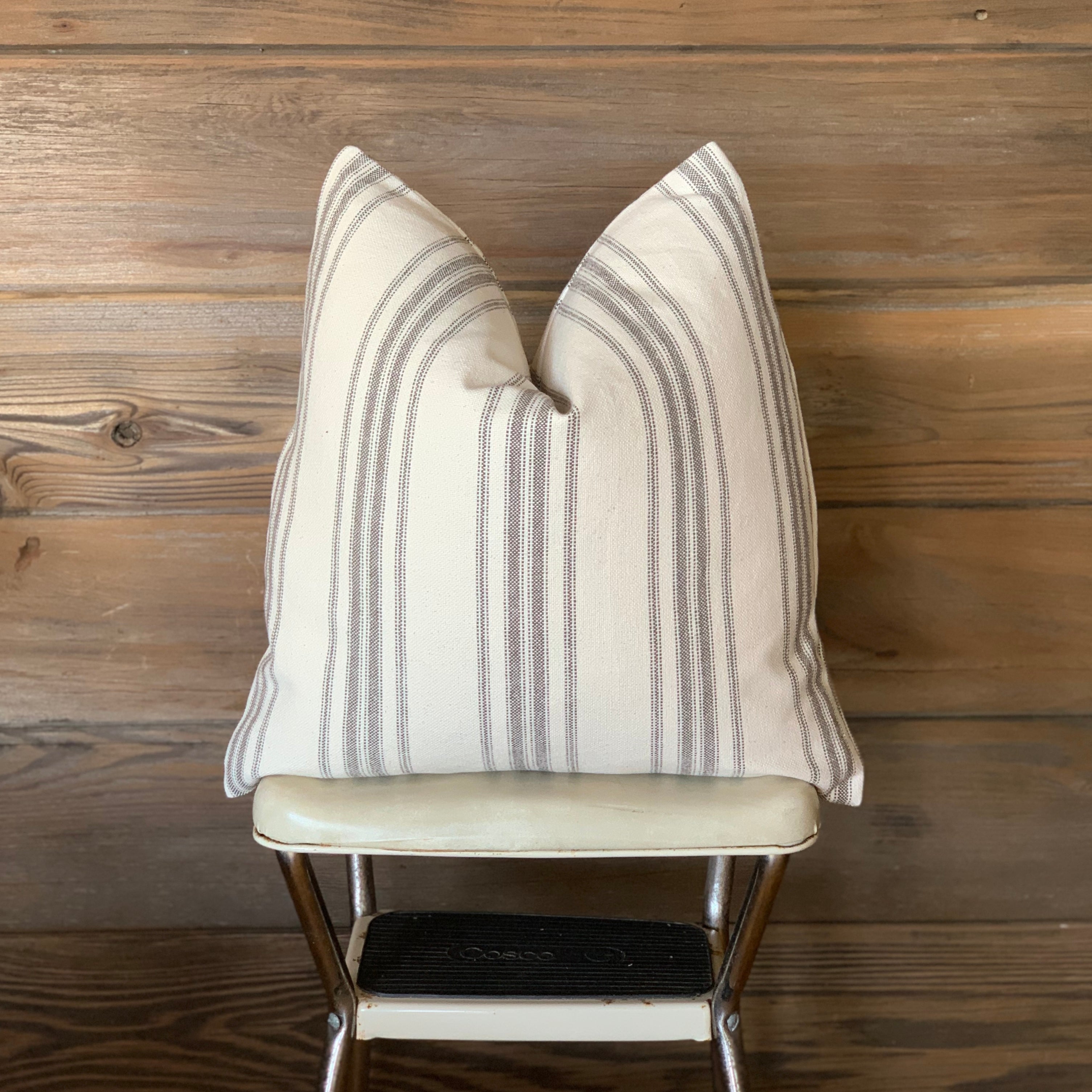 Grey Grain Sack Style Striped Farmhouse Pillow