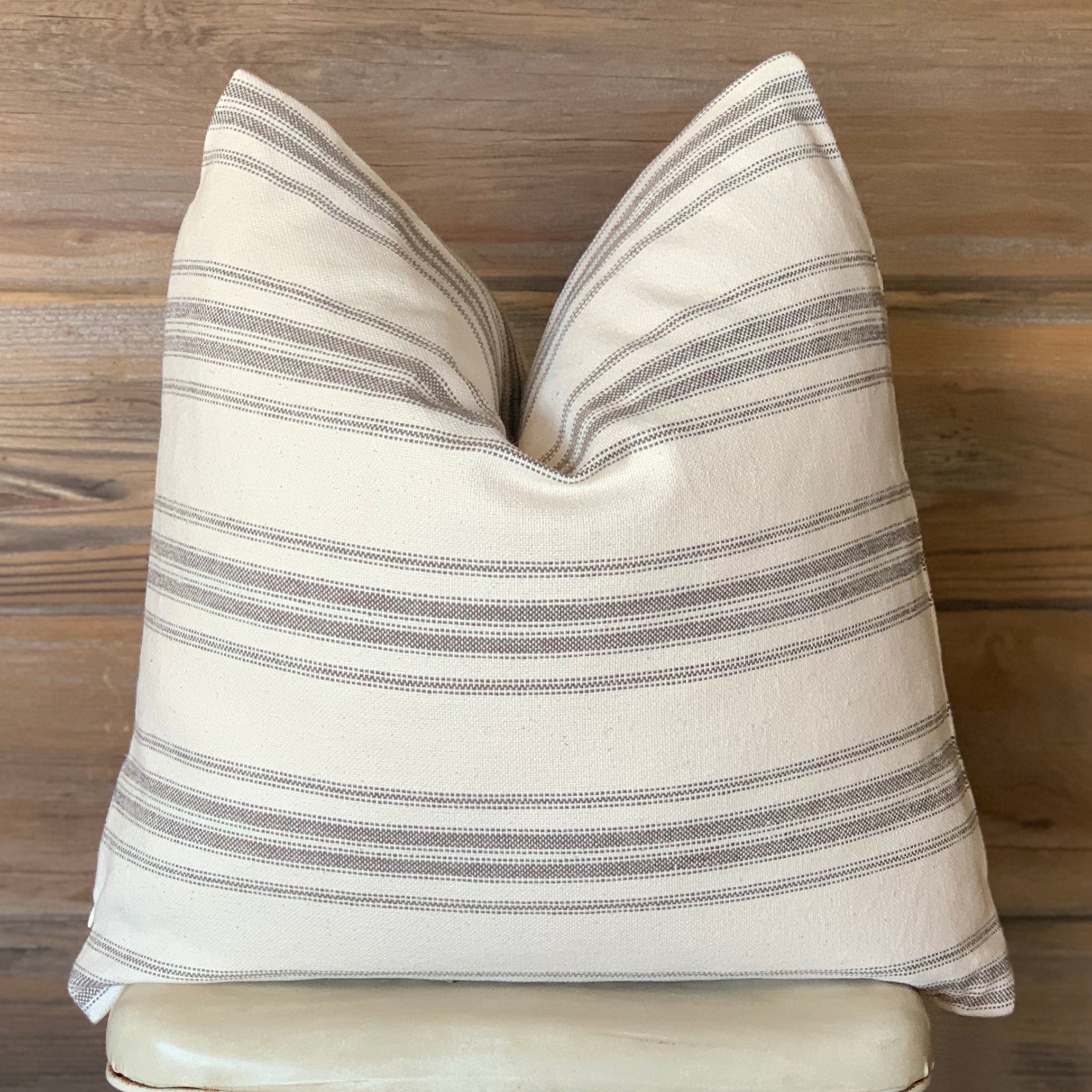 Grey Grain Sack Style Striped Farmhouse Pillow