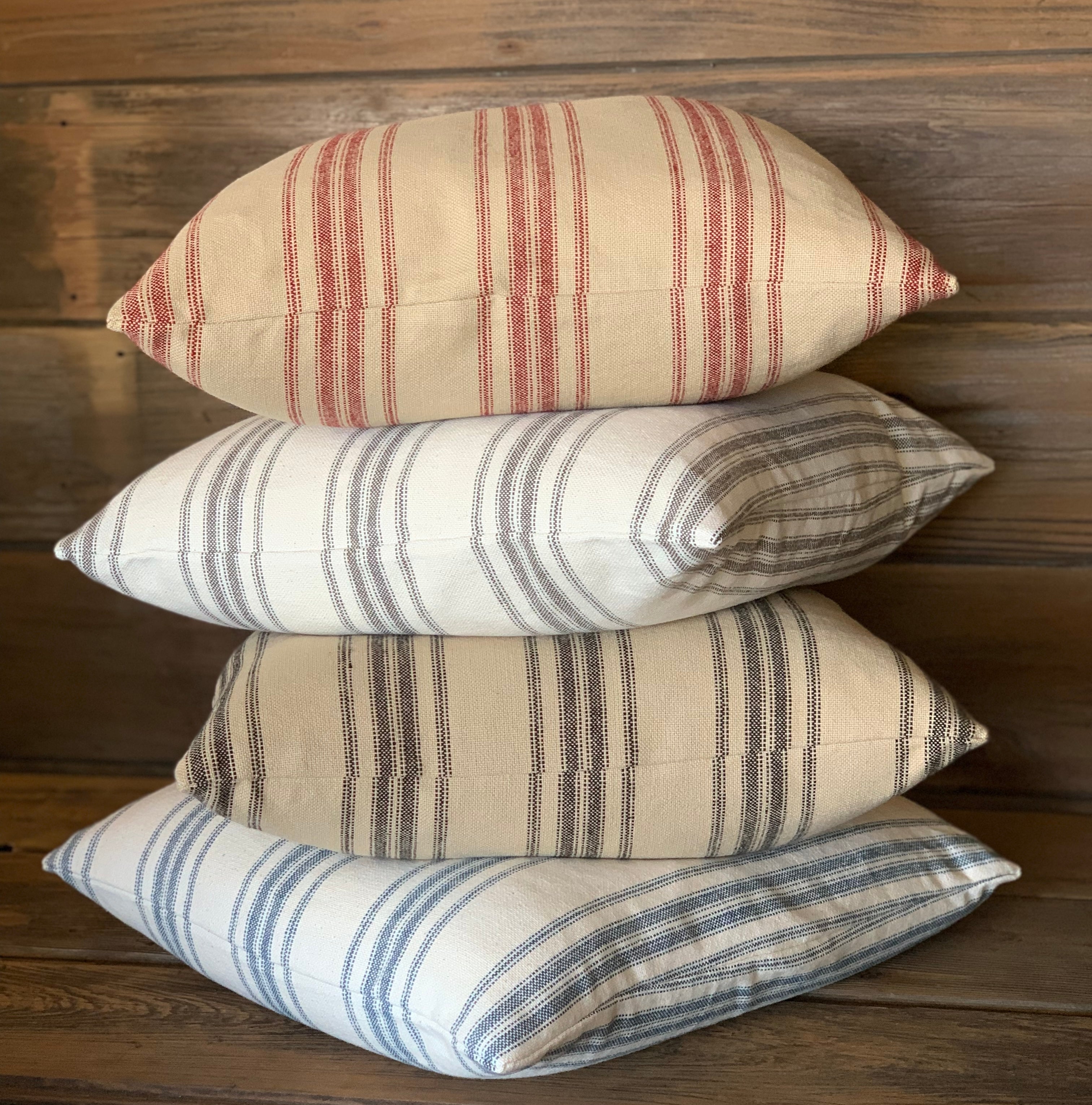 Blue Grain Sack Style Striped Farmhouse Pillow