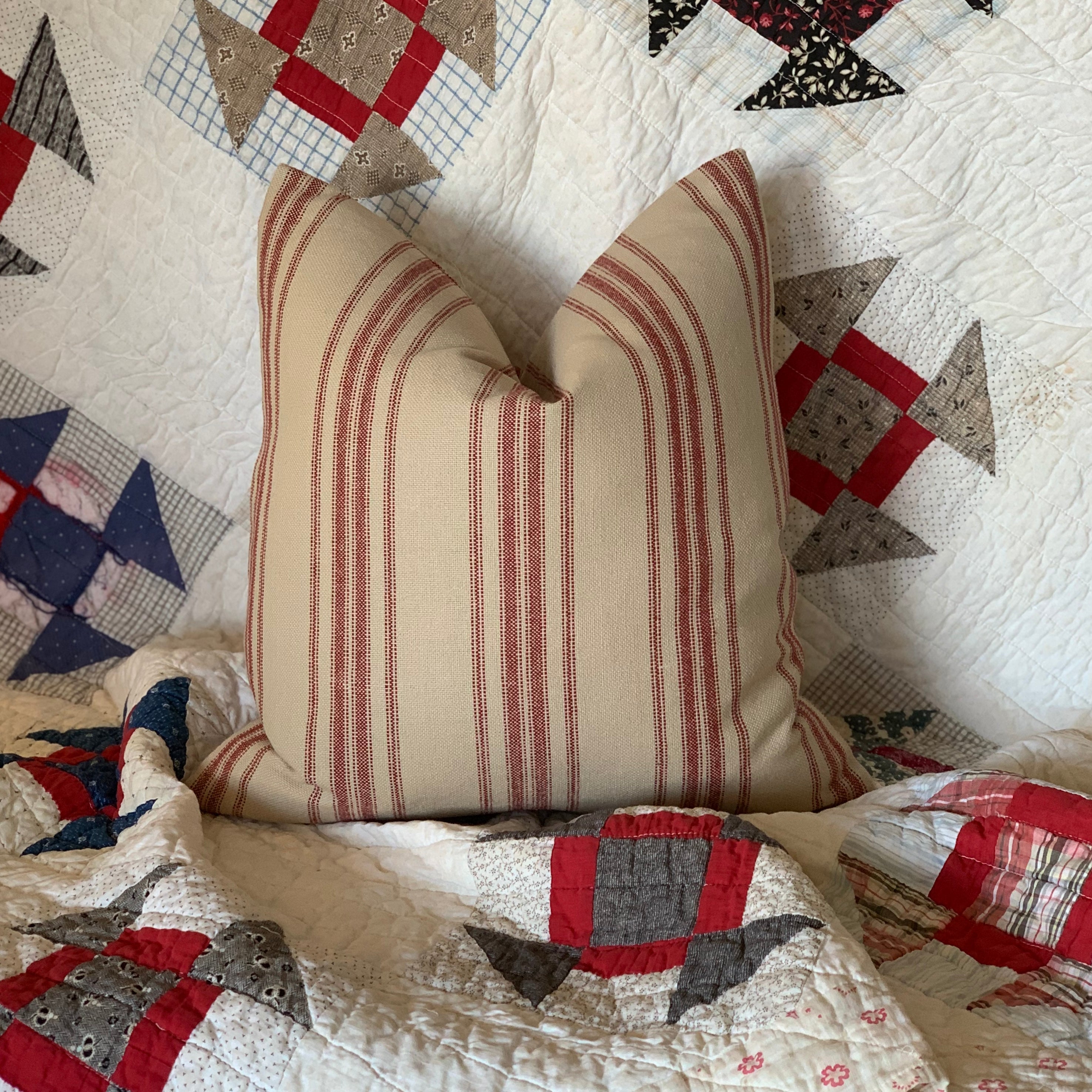 Red Grain Sack Style Striped Farmhouse Pillow