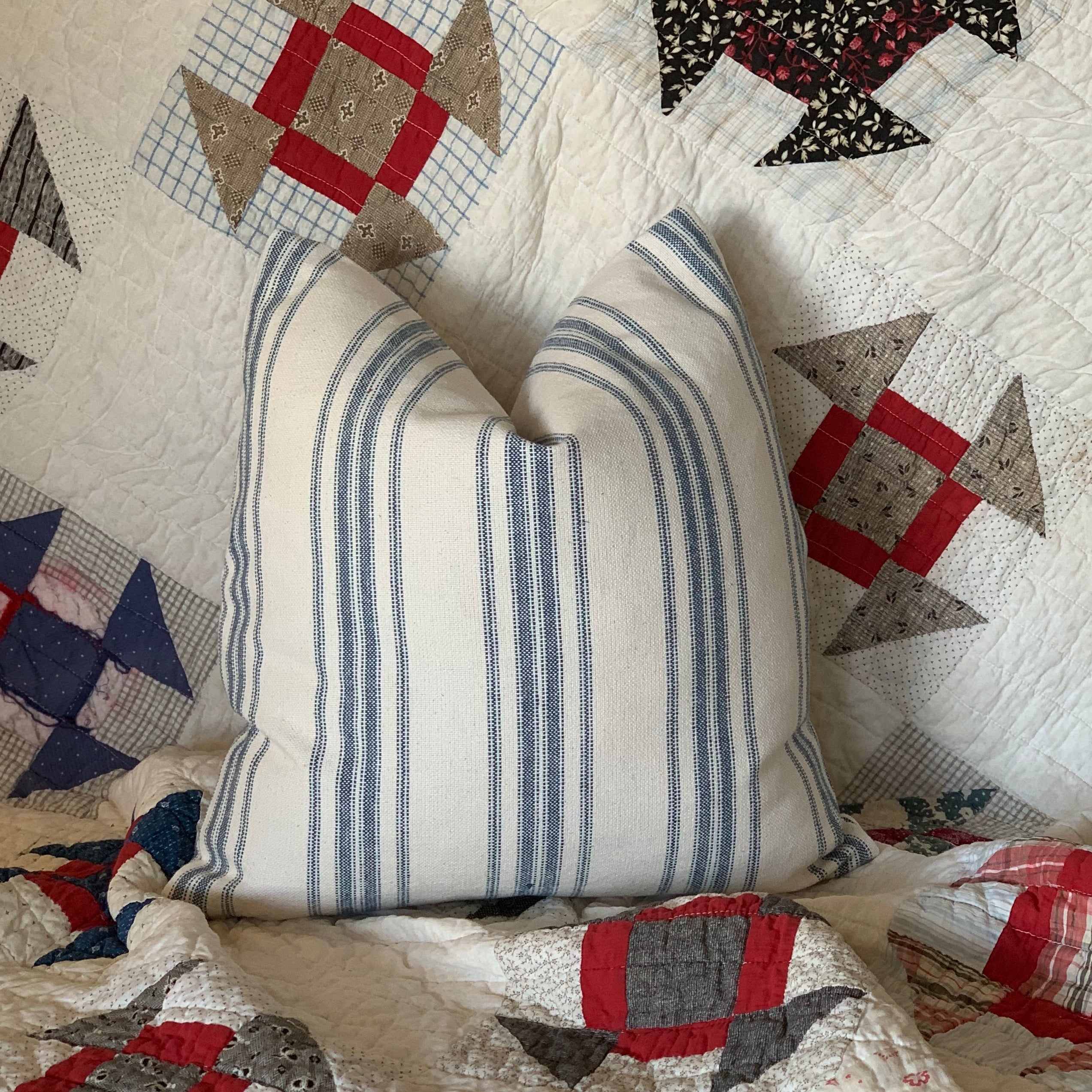 Blue Grain Sack Style Striped Farmhouse Pillow