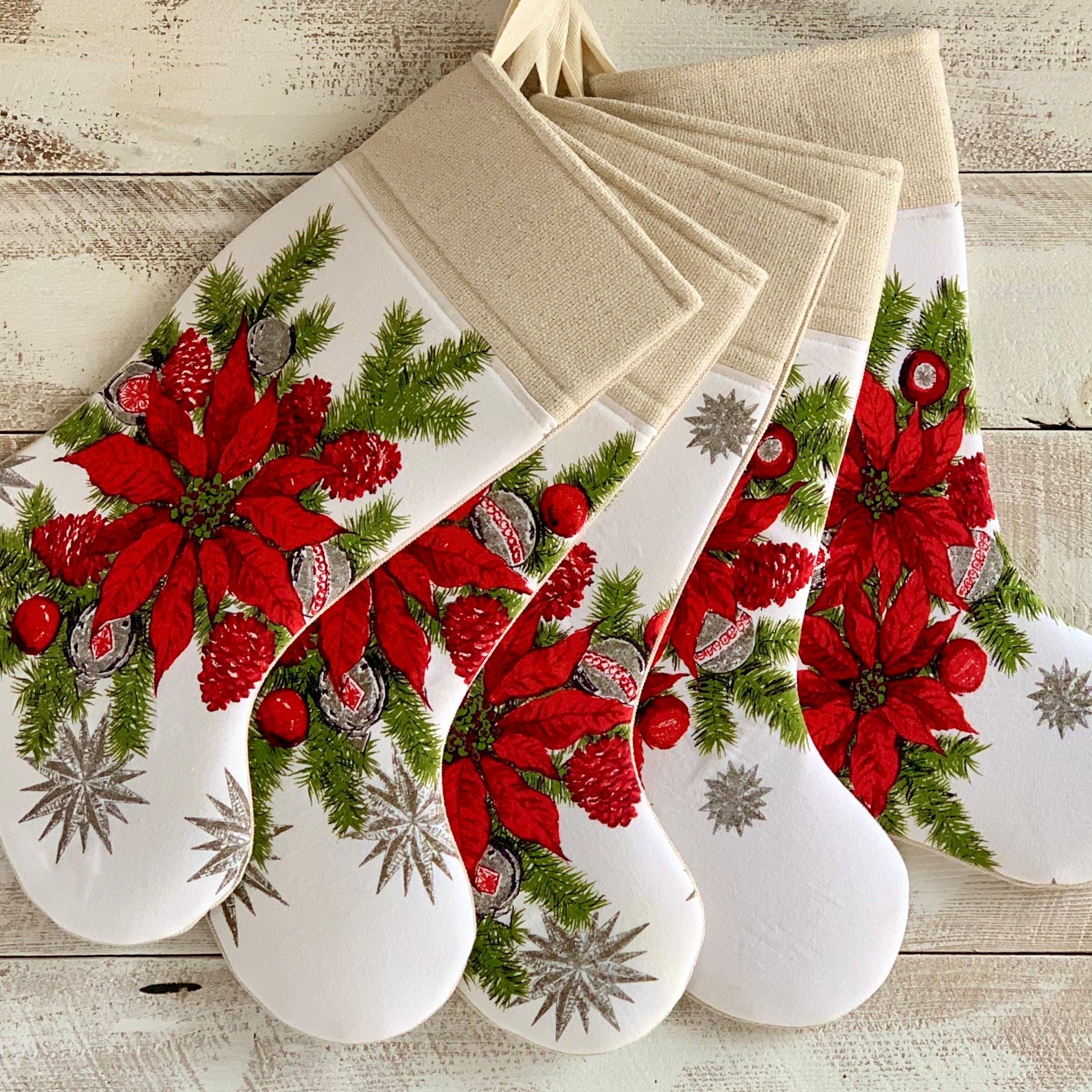 Vintage Linen Christmas Stocking - Poinsettia