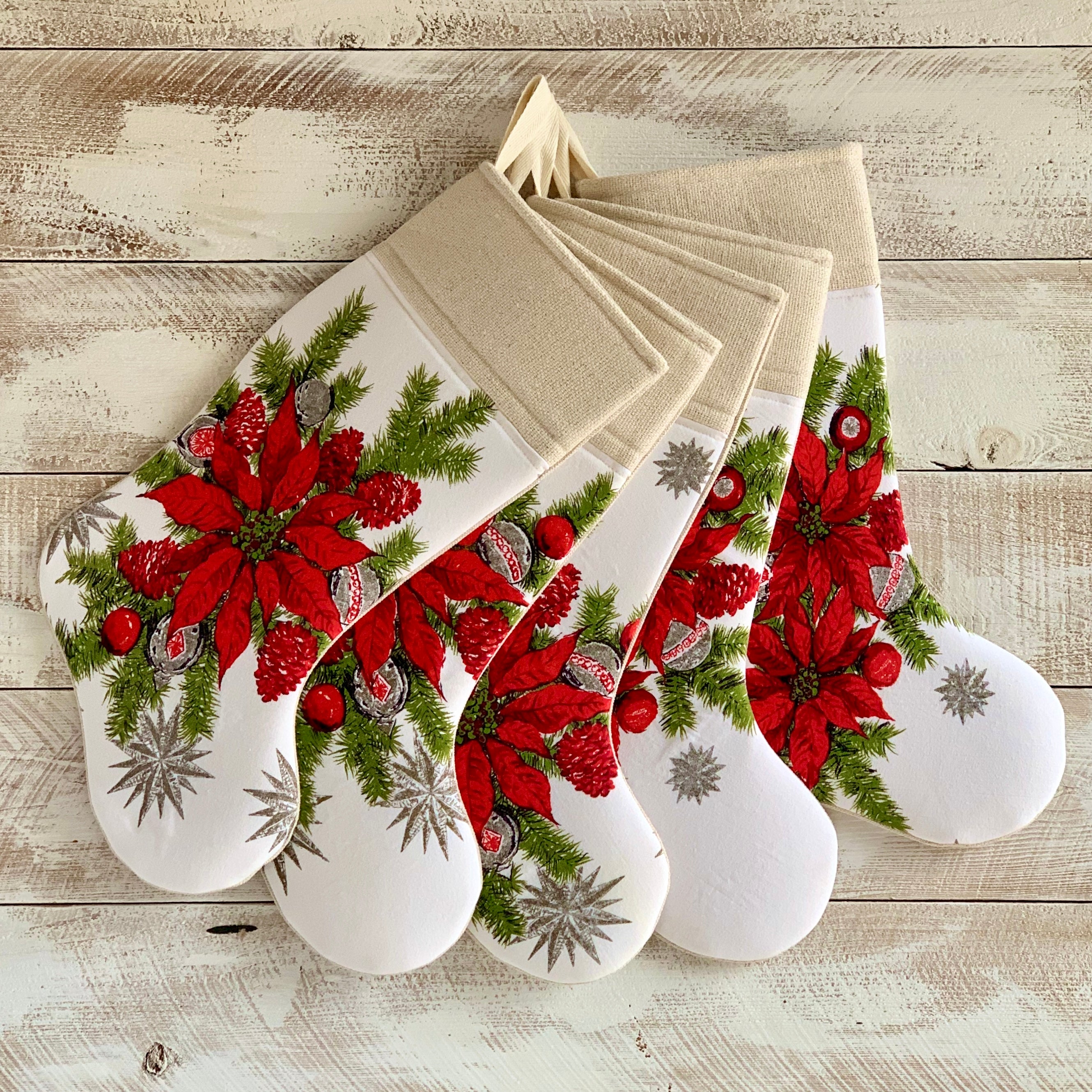Vintage Linen Christmas Stocking - Poinsettia