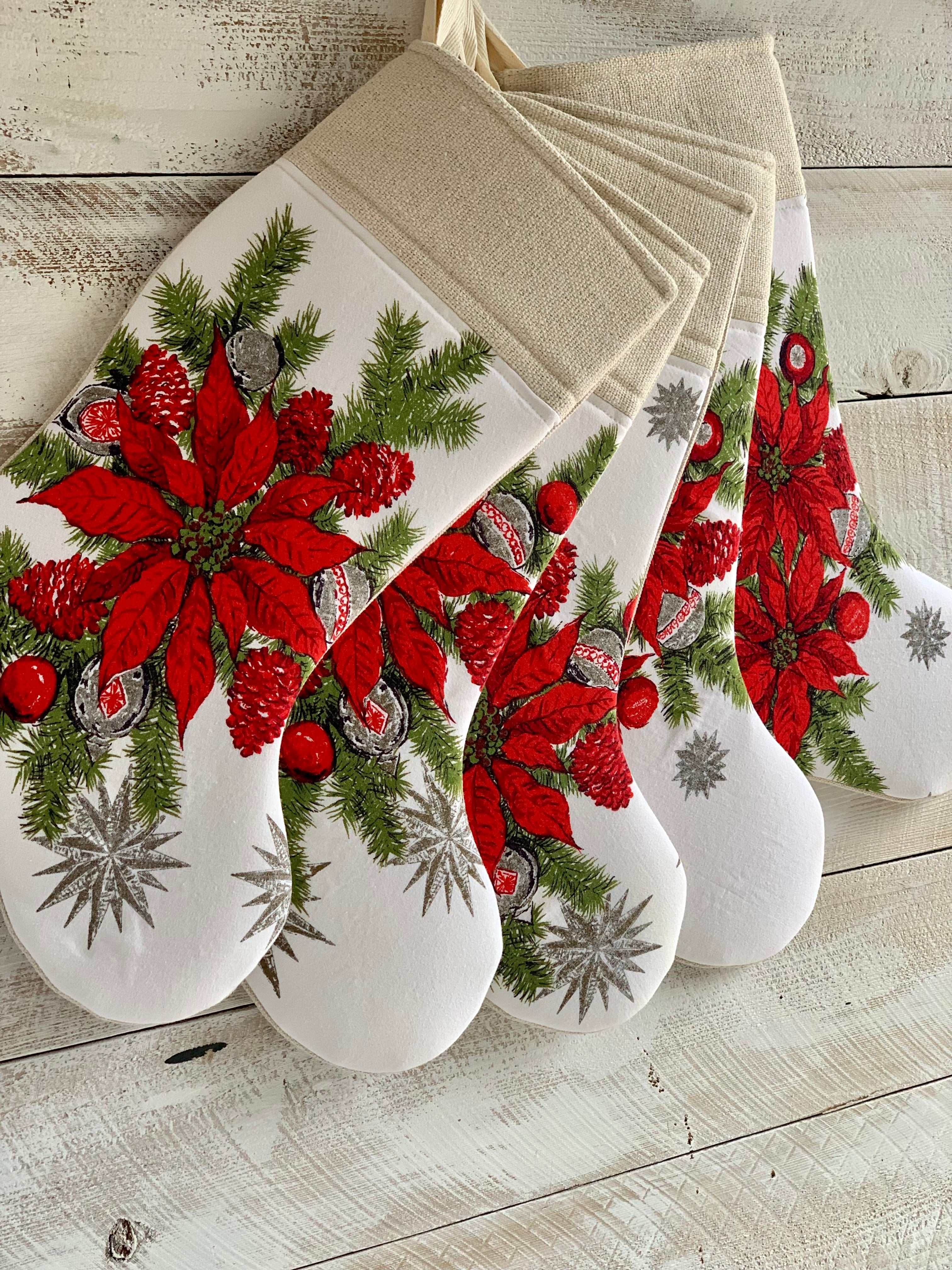 Vintage Linen Christmas Stocking - Poinsettia