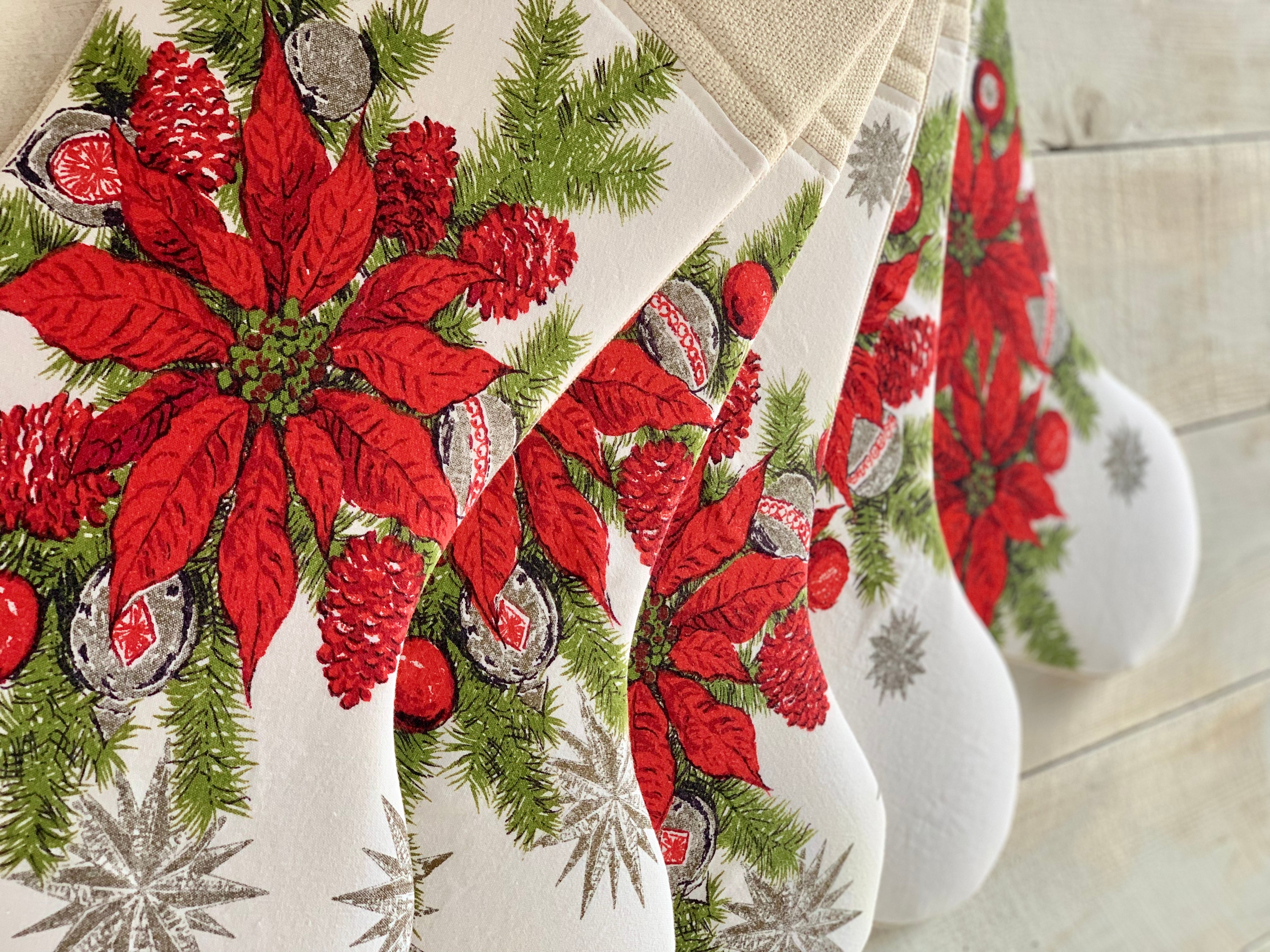 Vintage Linen Christmas Stocking - Poinsettia