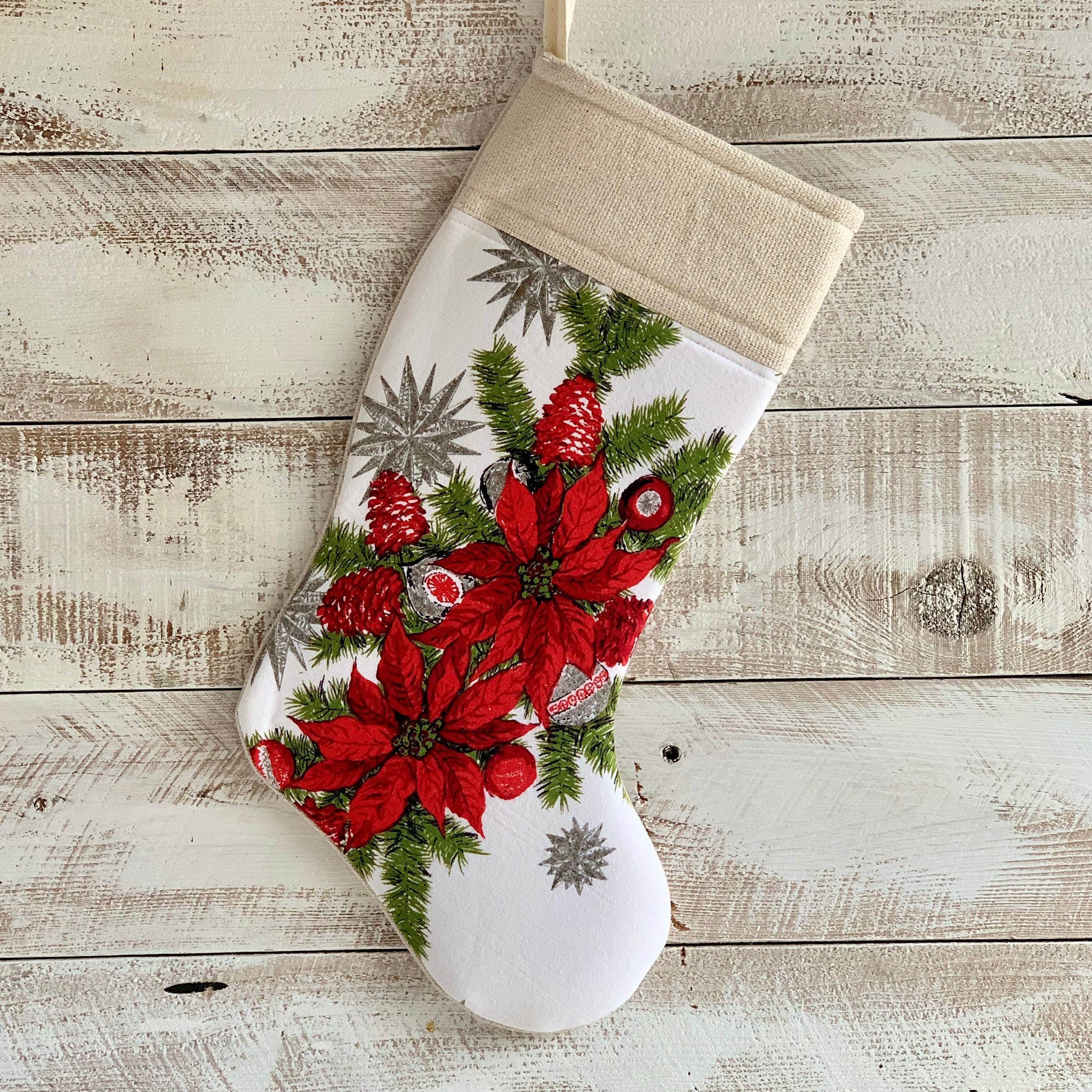Vintage Linen Christmas Stocking - Poinsettia