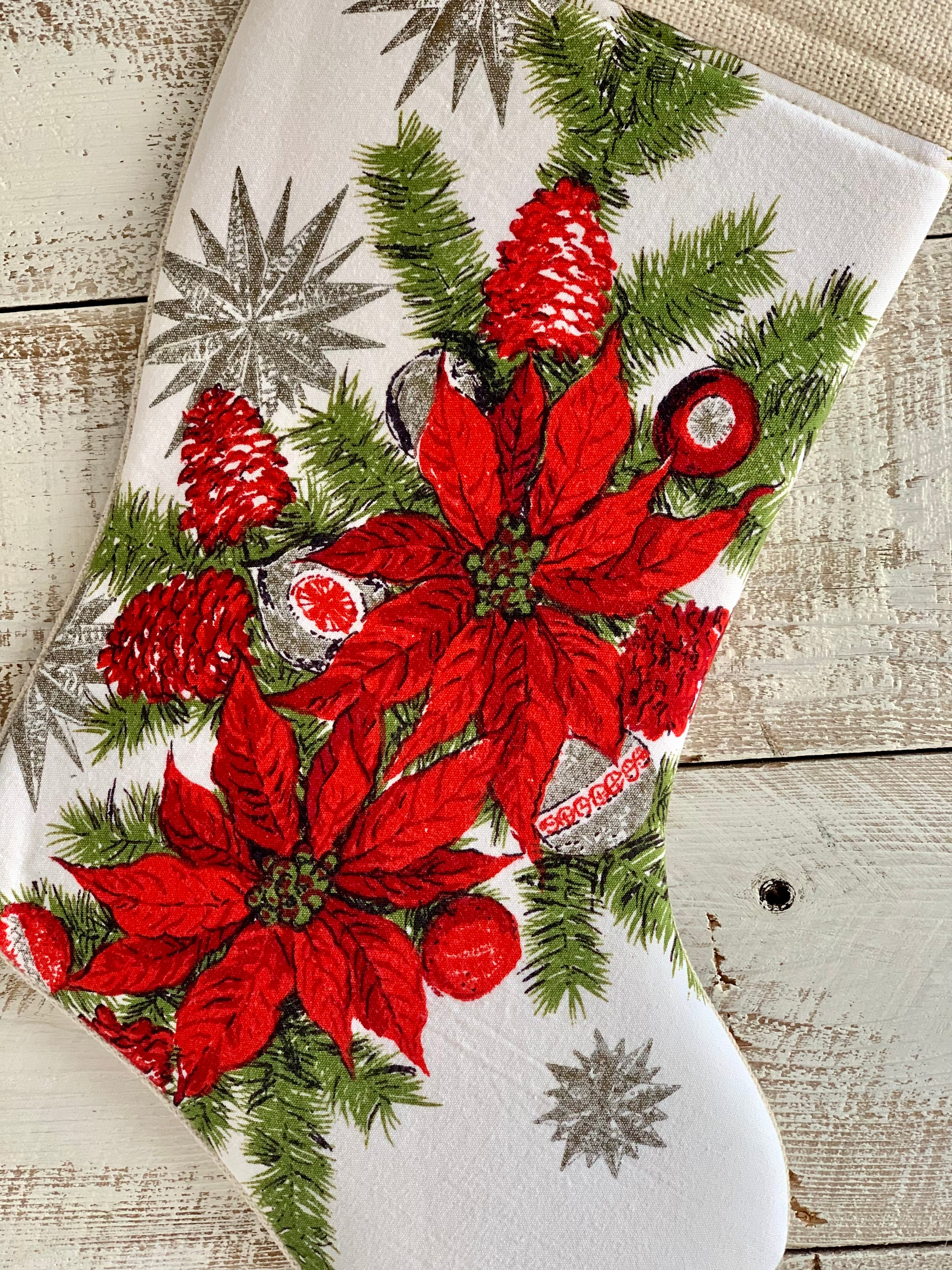 Vintage Linen Christmas Stocking - Poinsettia