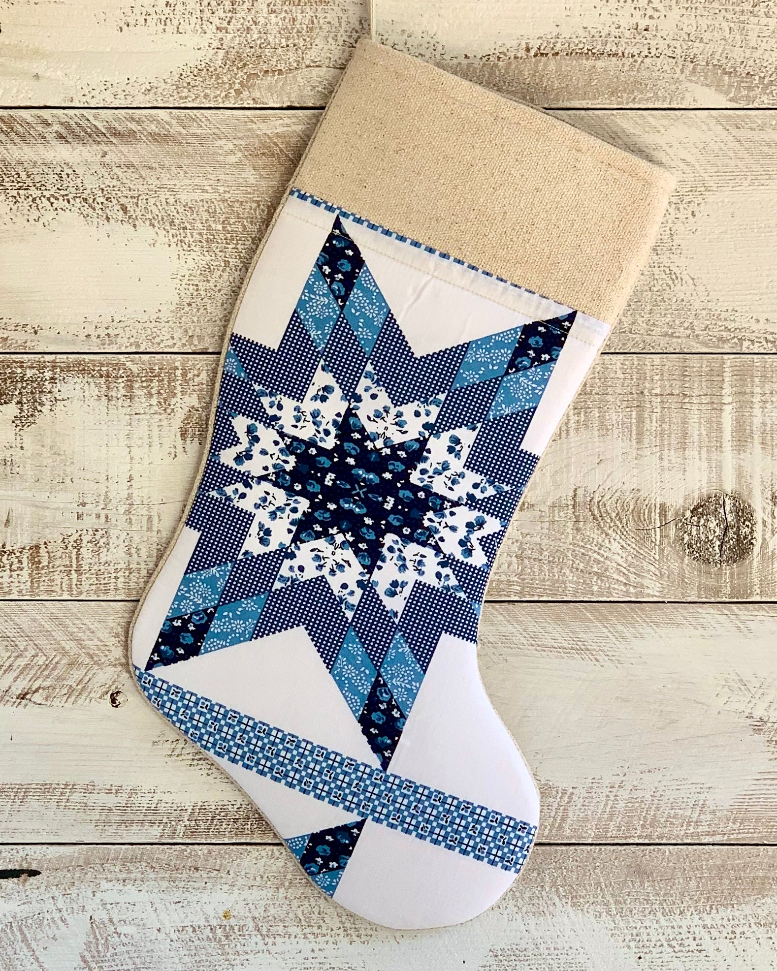 Cheater Quilt Christmas Stocking - Blue Star