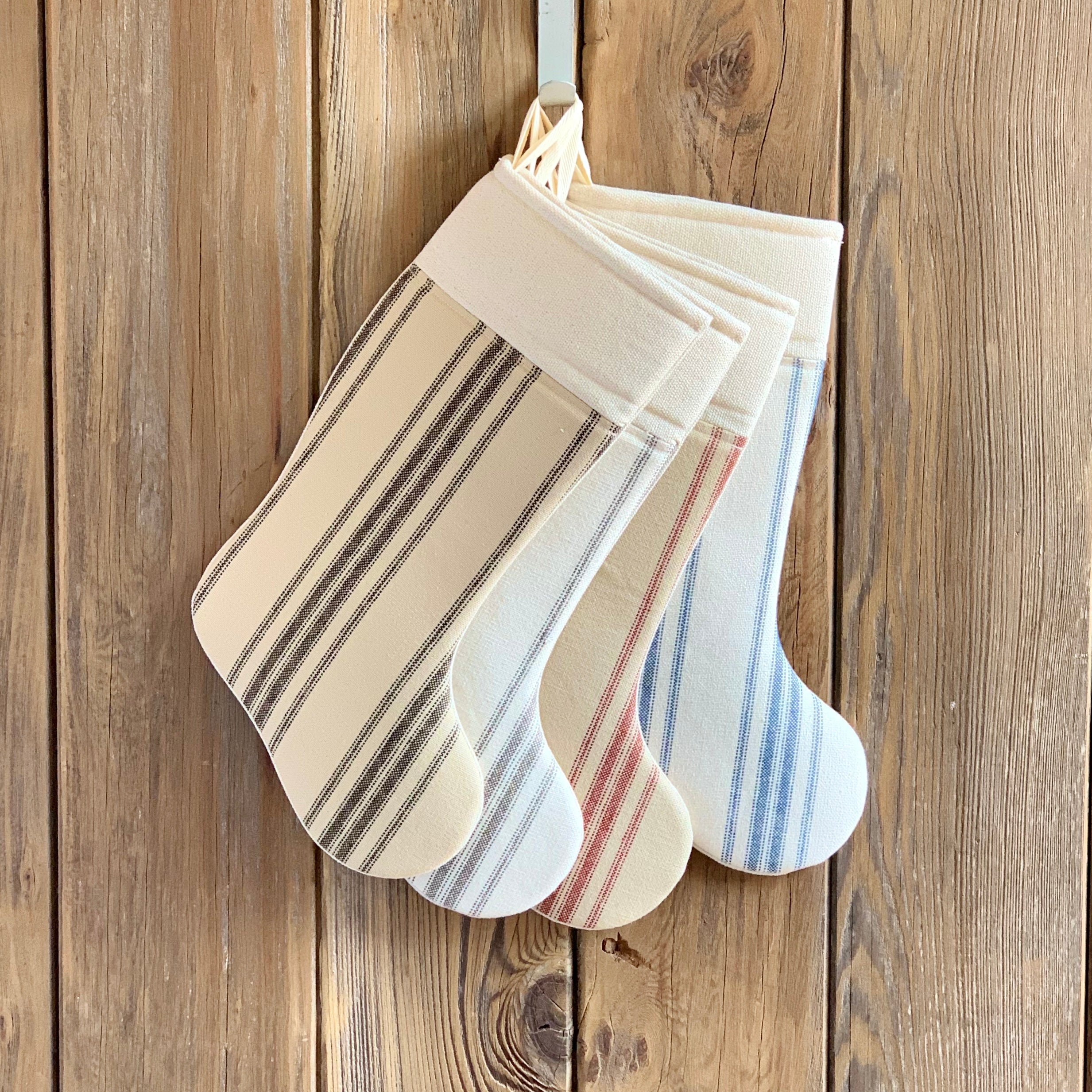 Grain Sack Christmas Stockings - Blue, Red, Black, and Gray - Vertical Stripe