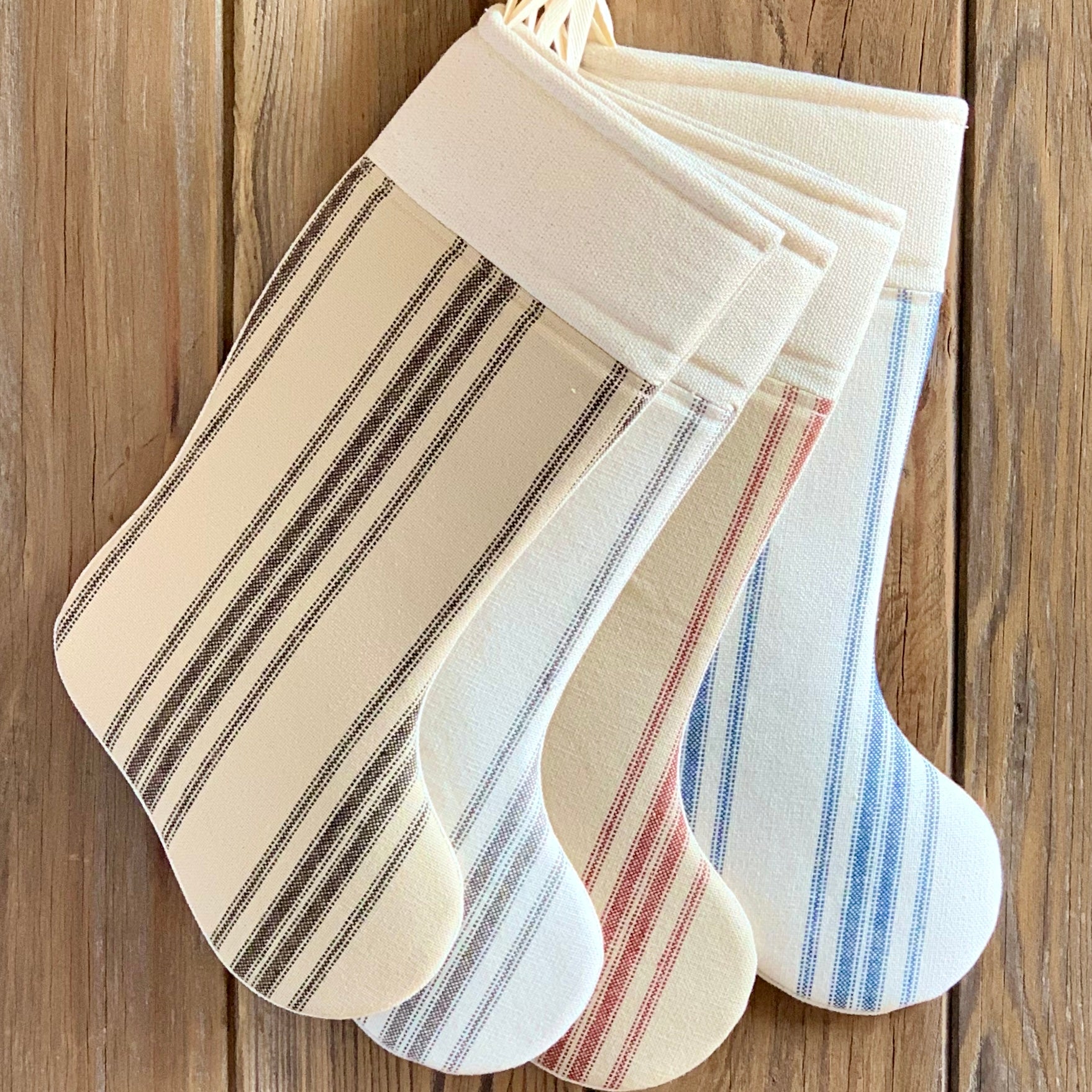 Grain Sack Christmas Stockings - Blue, Red, Black, and Gray - Vertical Stripe