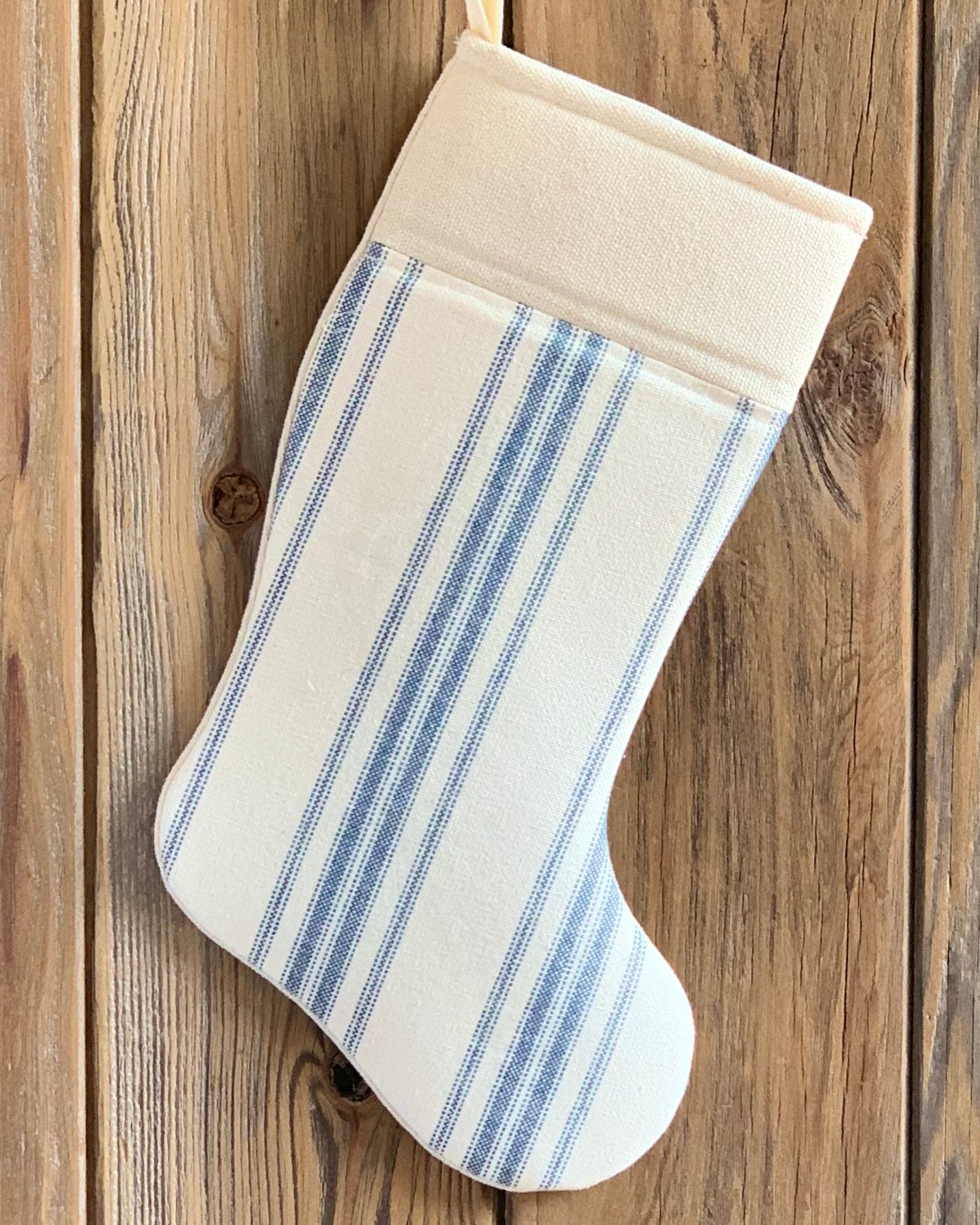 Grain Sack Christmas Stockings - Blue, Red, Black, and Gray - Vertical Stripe